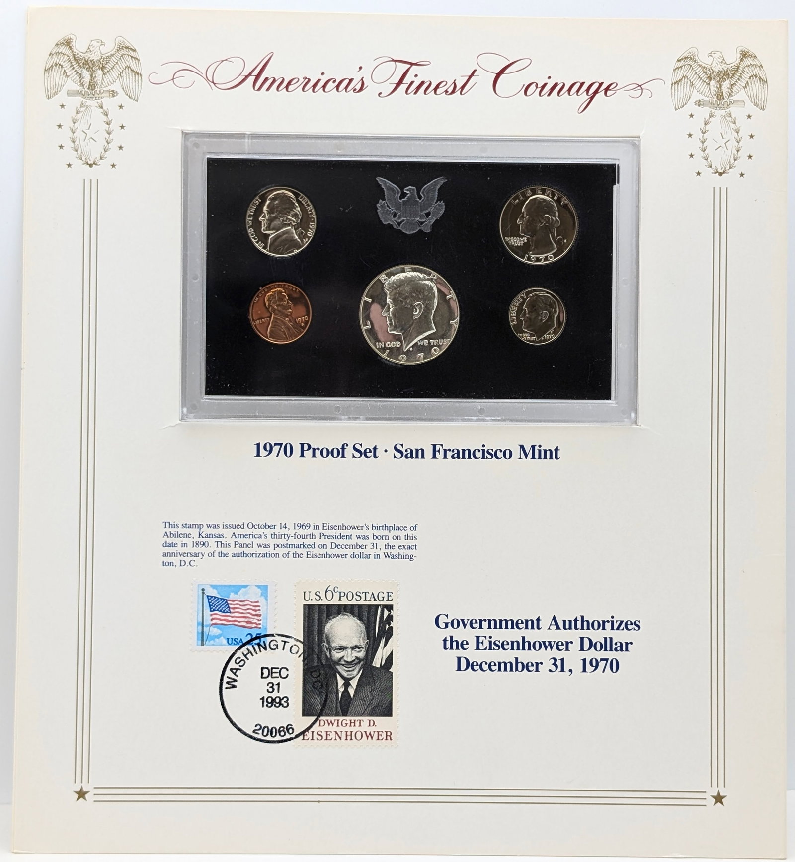 1970-S US Mint Proof Set w/ Silver JFK Half w/ Eisenhower Stamp: 40% Silver