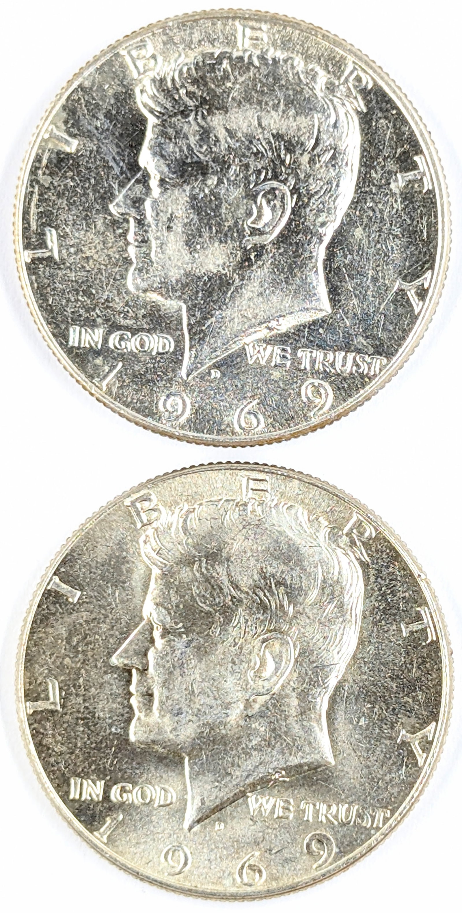 Lot of 2 Silver John F Kennedy Half Dollars - Both 1969-D Uncirculated: 40% Silver