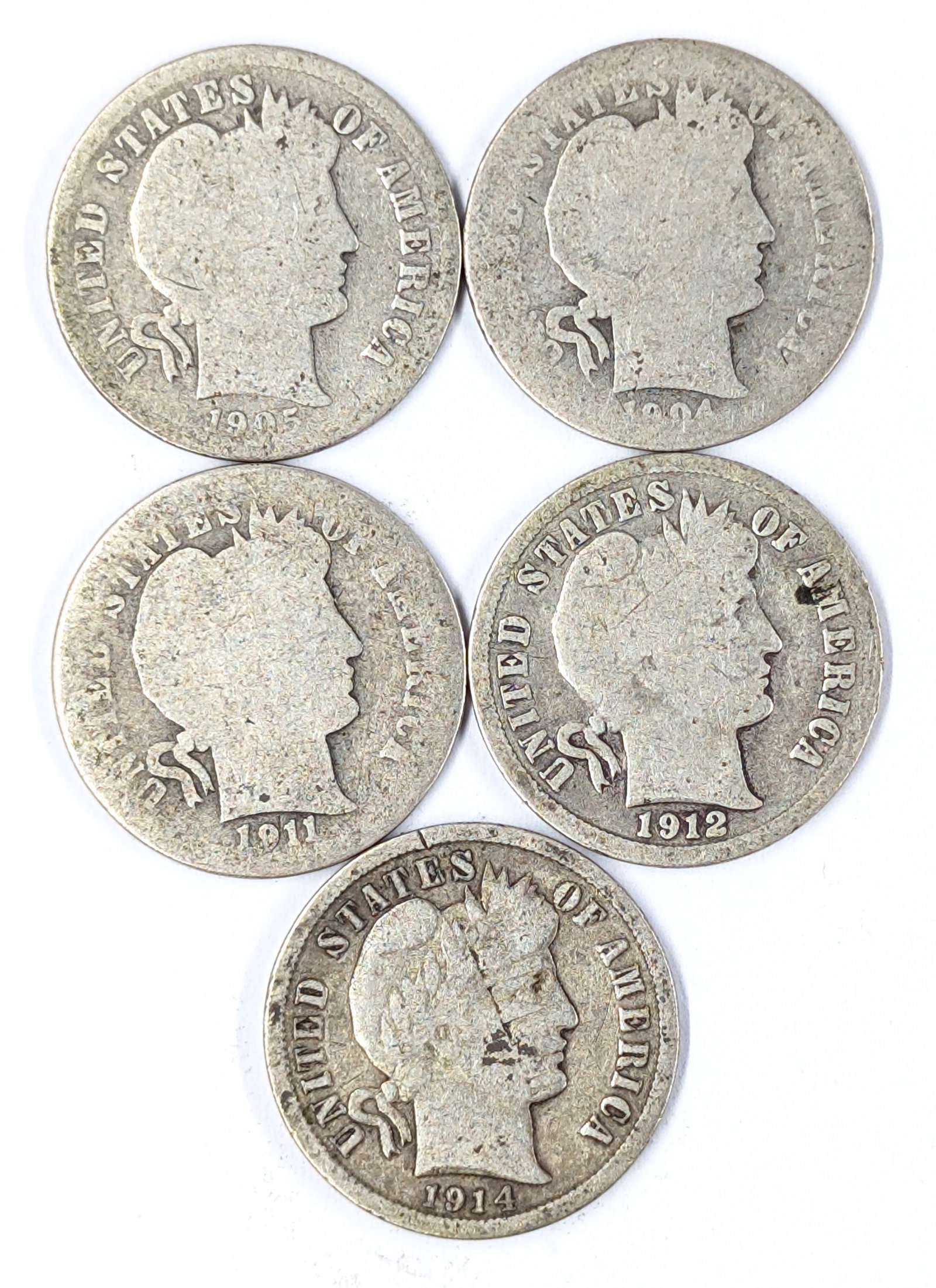 Lot of 5 Silver Barber Dimes - 1905-1914: Silver
