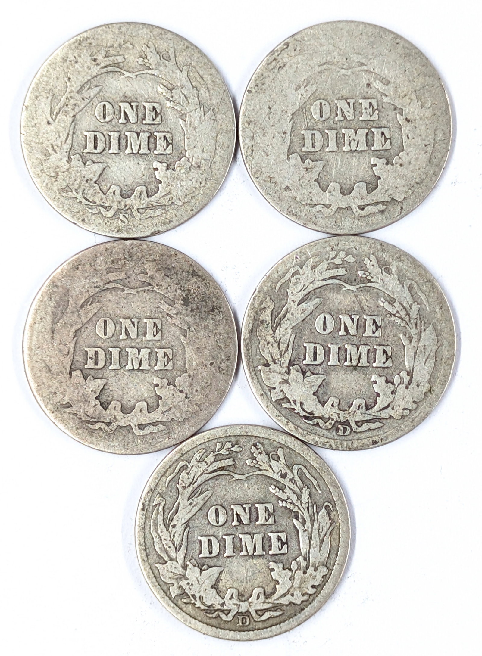 Lot of 5 Silver Barber Dimes - 1905-1914 - 2