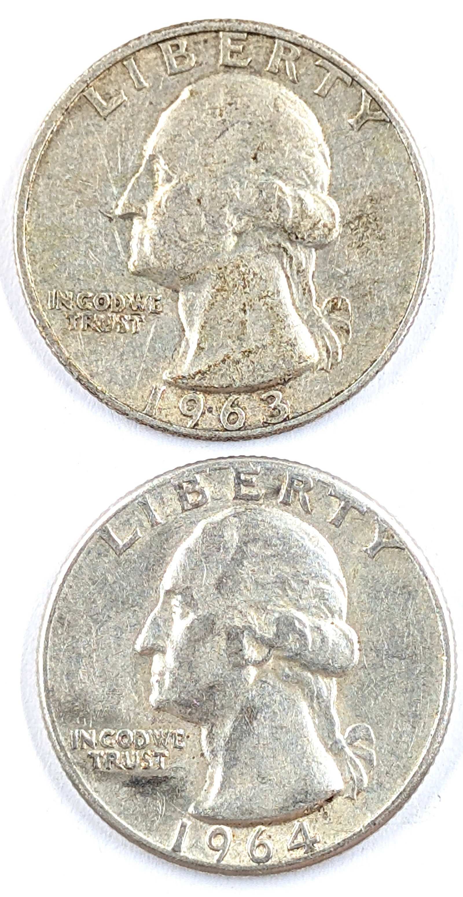 Lot of 2 Silver Washington Quarters - 1963-D, 1964: Silver