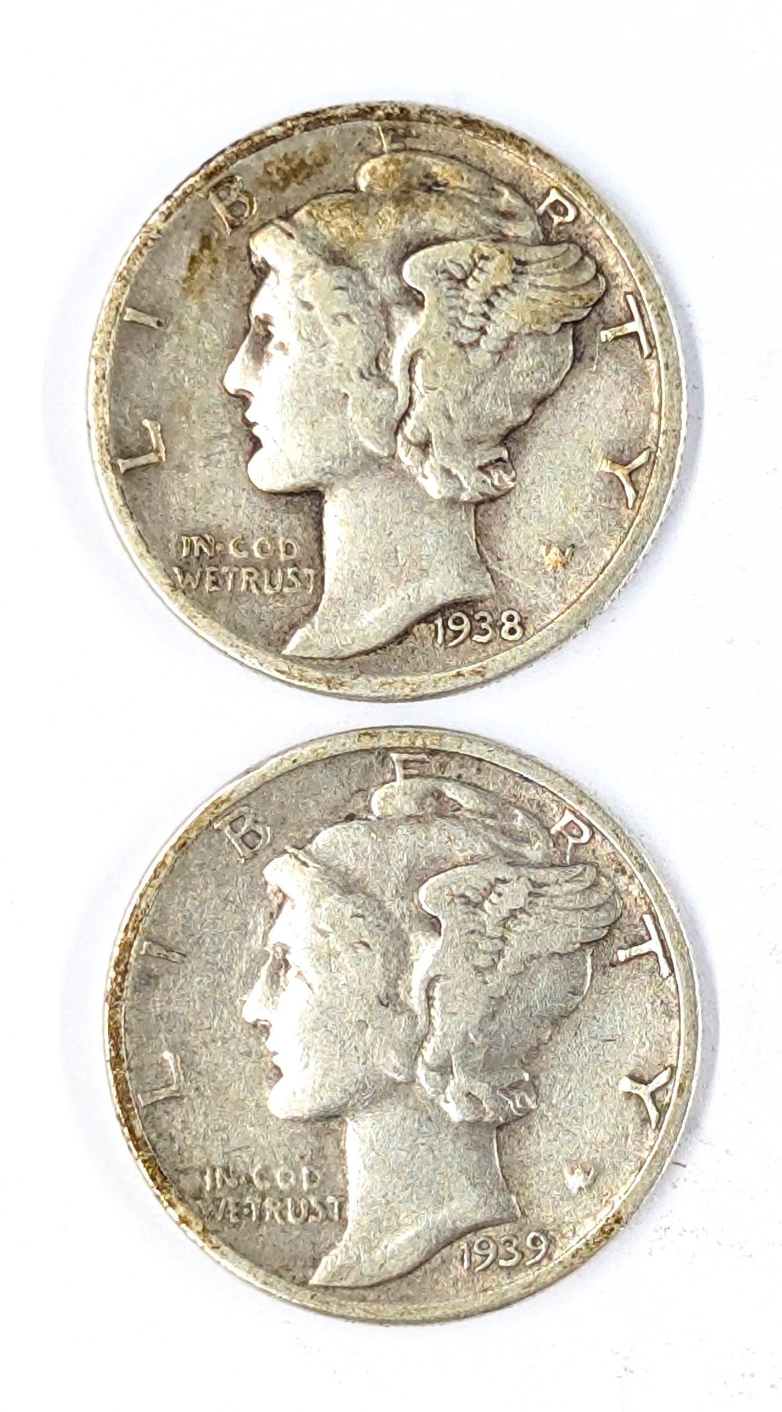 Lot of 2 Silver Mercury Dimes - 1938, 1939: Silver