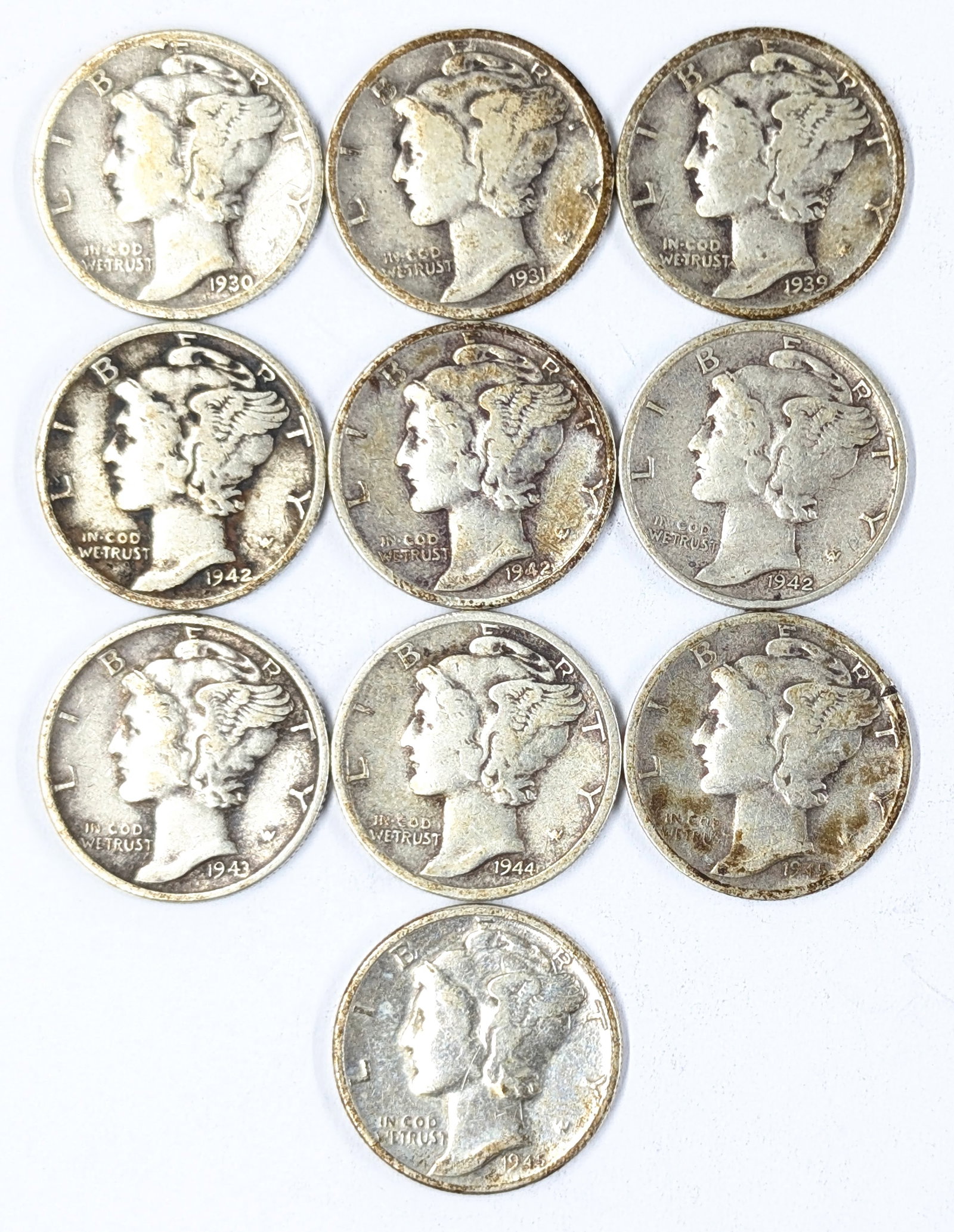 Lot of 10 Silver Mercury Dimes - 1930-1945: Silver