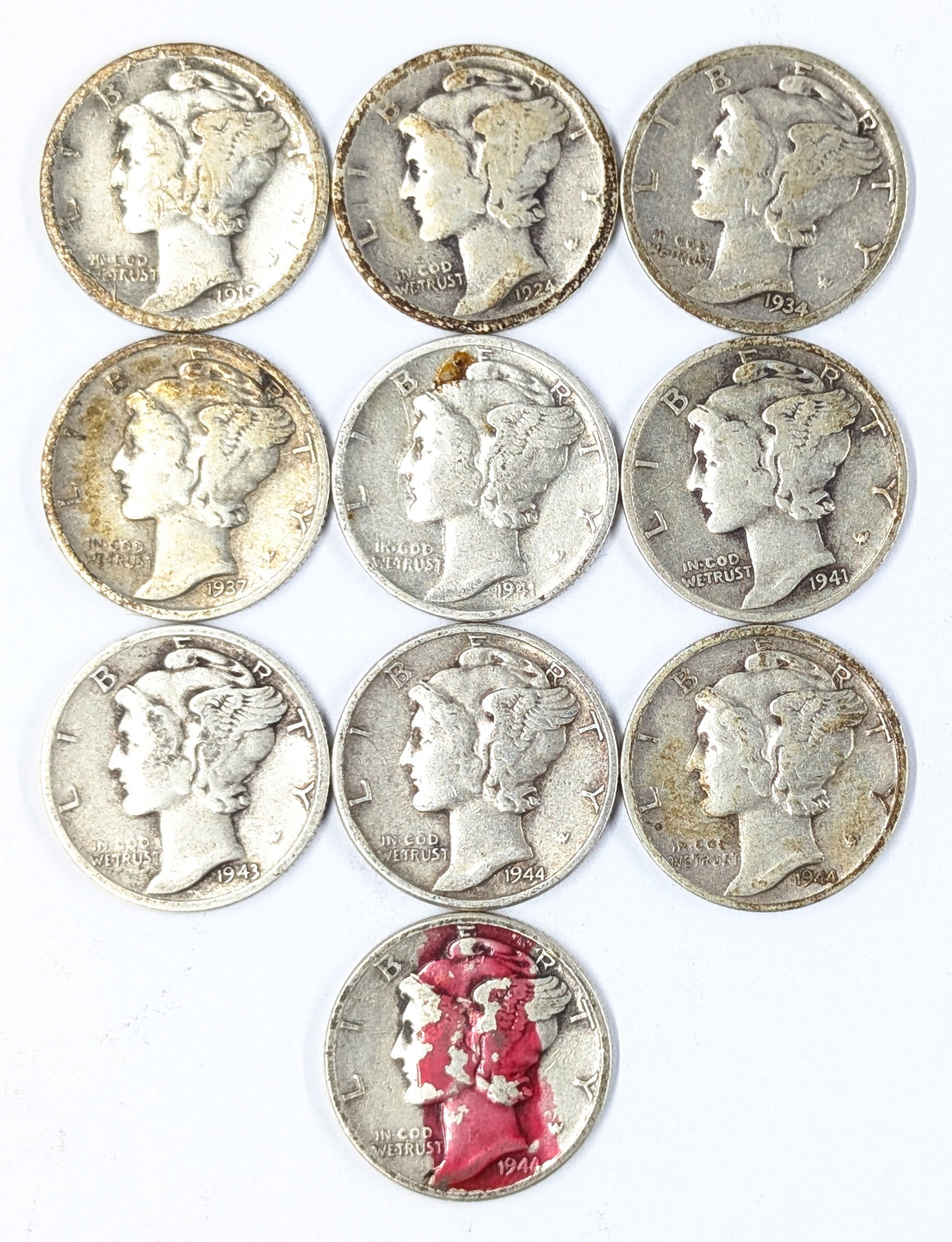 Lot of 10 Silver Mercury Dimes - 1919-1944: Silver