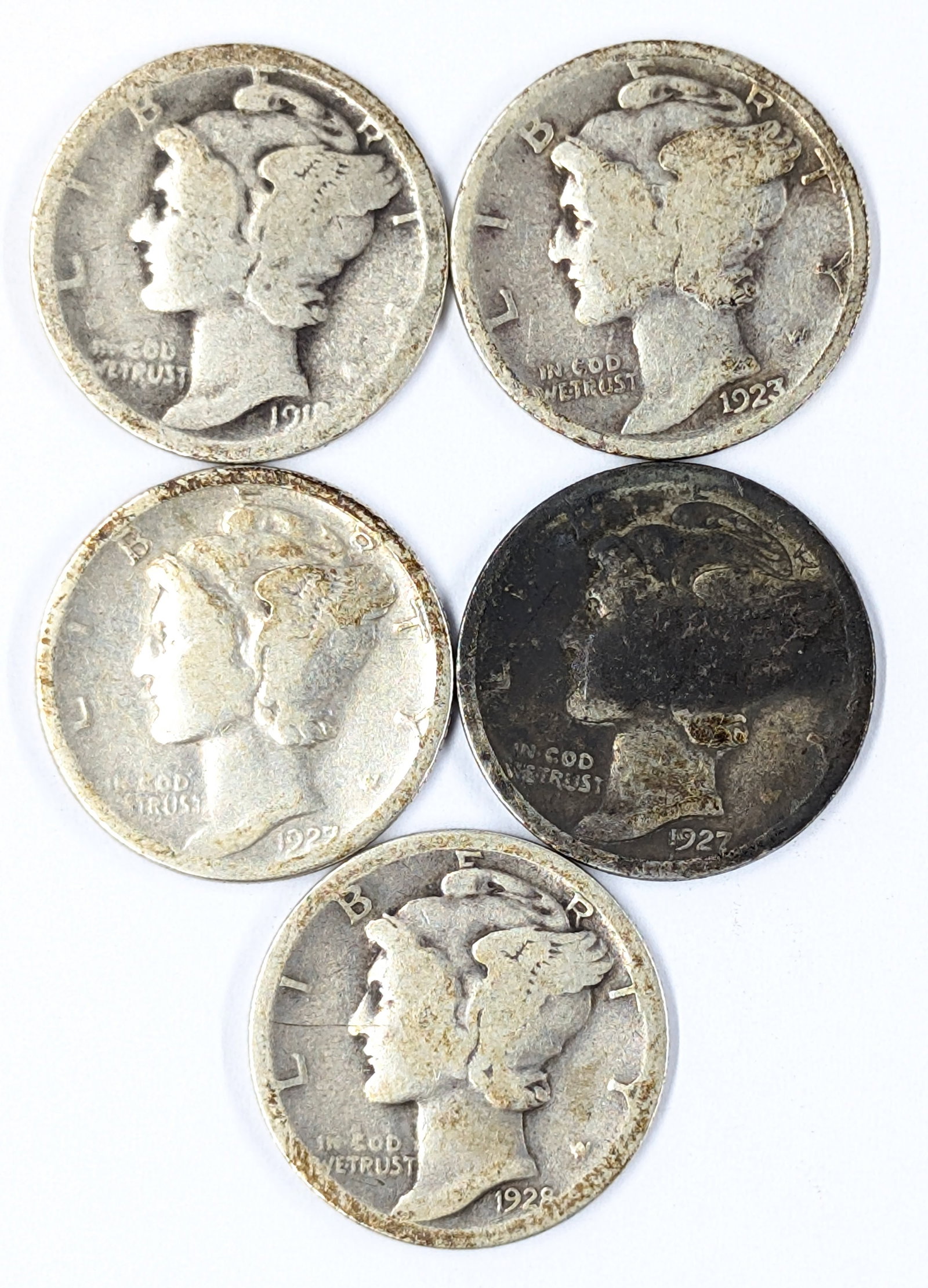 Lot of 5 Silver Mercury Dimes - 1918-1928: Silver