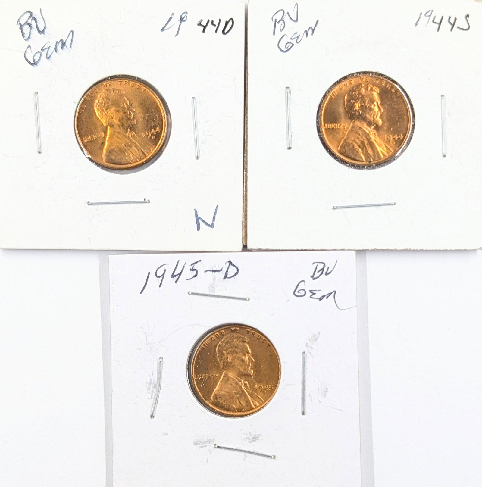 Lot of 3 Uncirculated Wheat Cents - 1944-D, 1944-S, 1945-D: Coin