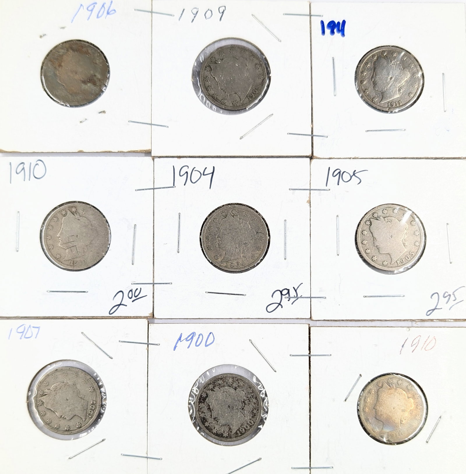 Lot of 9 Liberty V Nickels - 1906-1910: Coin