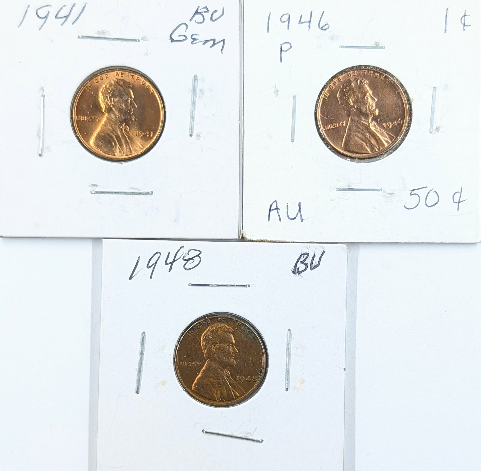 Lot of 3 Uncirculated Wheat Cents - 1941, 1946, 1948: Coin
