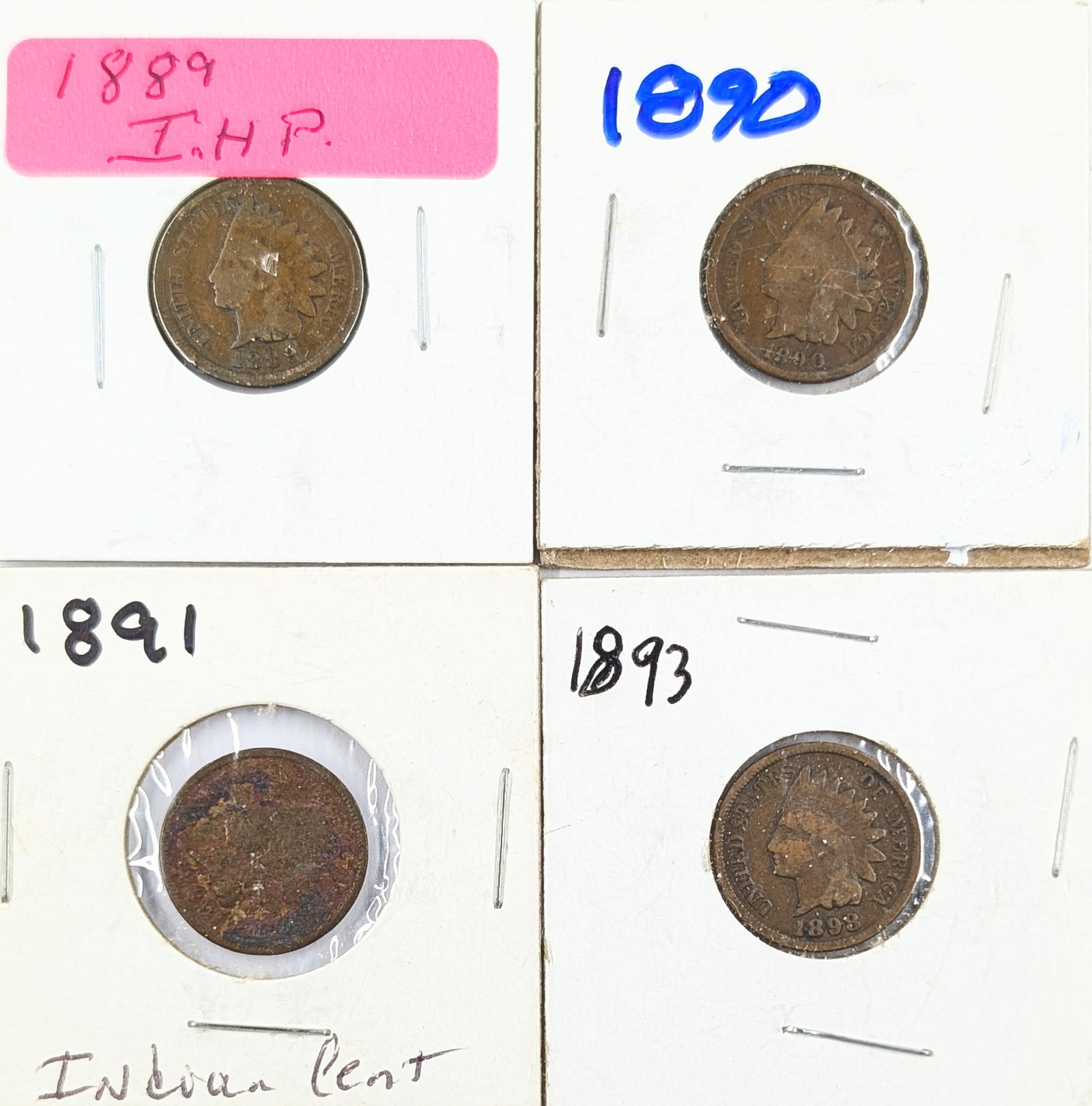 Lot of 4 Indian Head Cents - 1889-1893: Coin