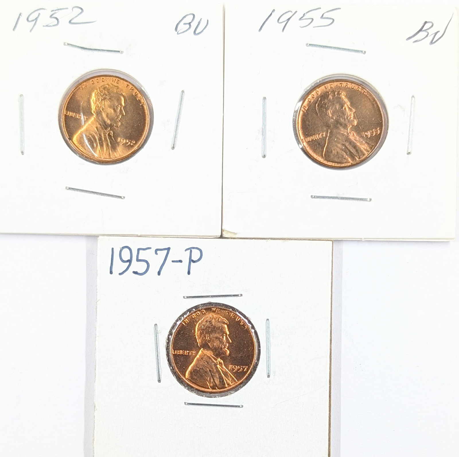 Lot of 3 Uncirculated Wheat Cents - 1952, 1955, 1957: Coin