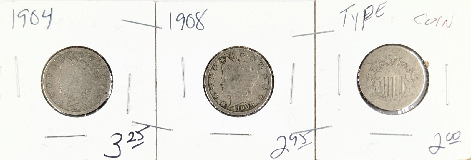 Lot of 3 Liberty V & Shield Nickels - 1904, 1908: No date Shield Nickel