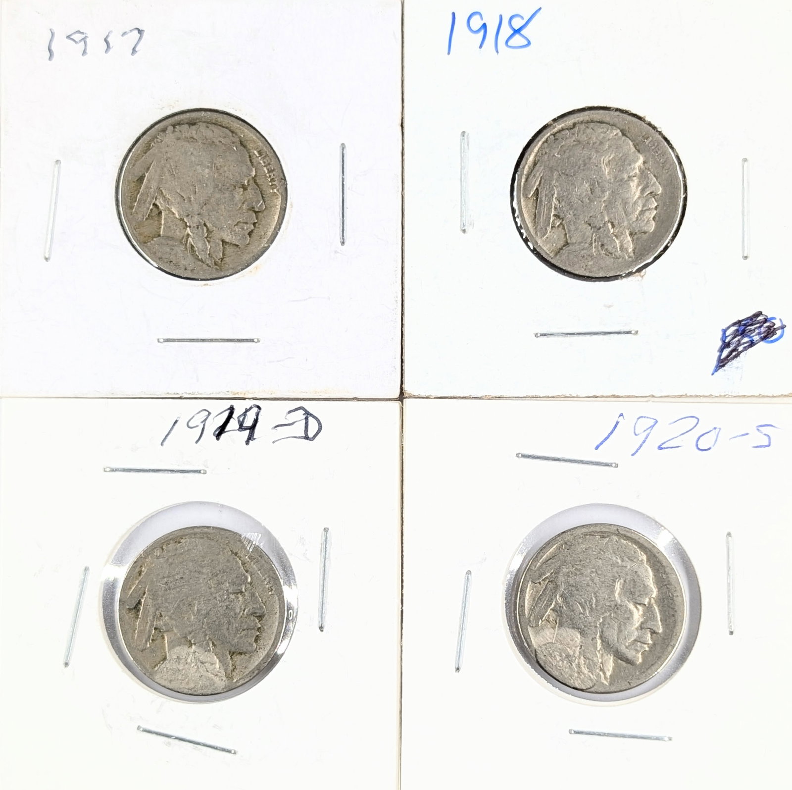 Lot of 4 Buffalo Head Nickels - 1917-1920: Some coin are Nic-A-Dated