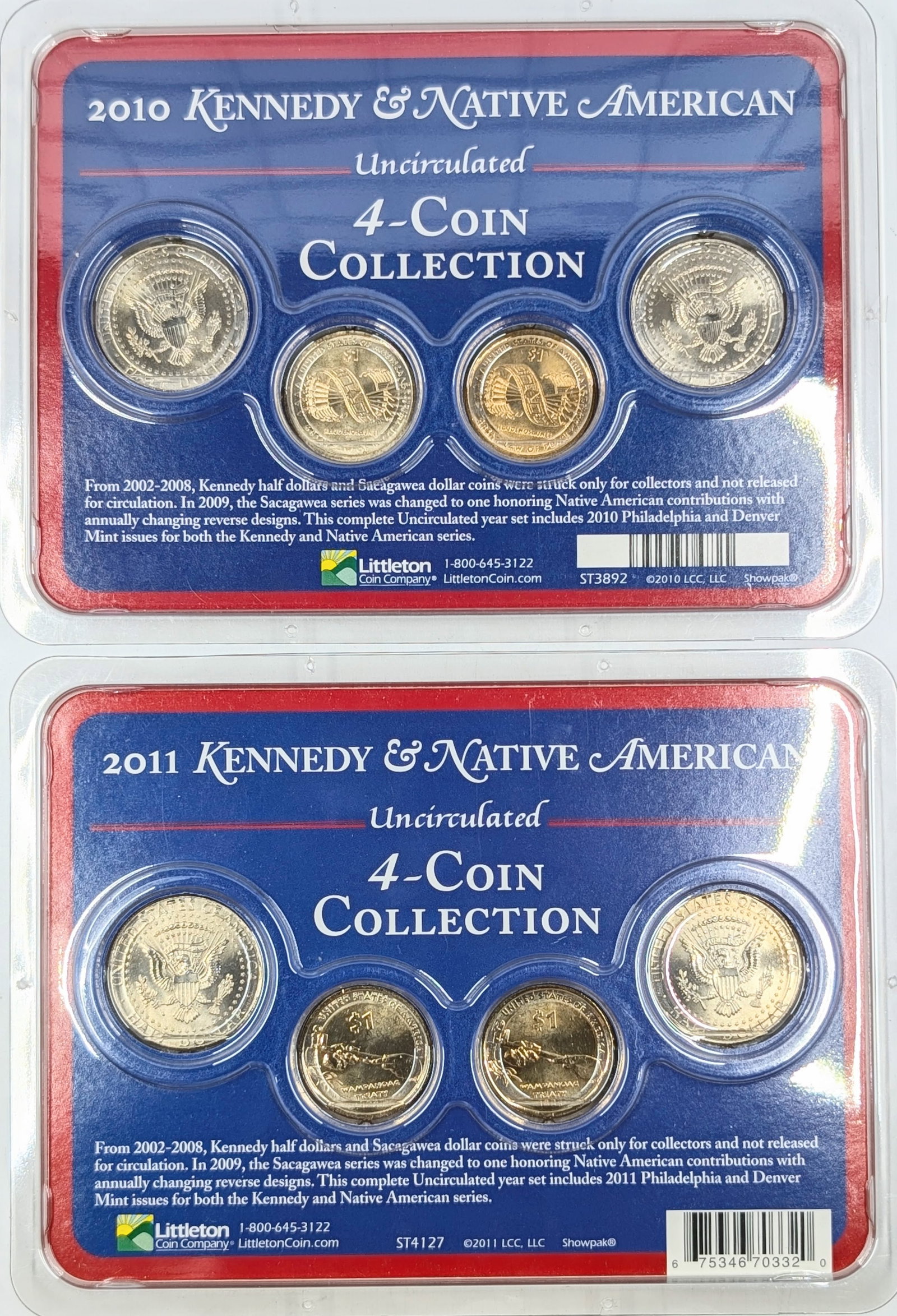 Lot of 2 - 2010 & 2011 Uncirculated JFK & Native American Special Collector's Edition - 2