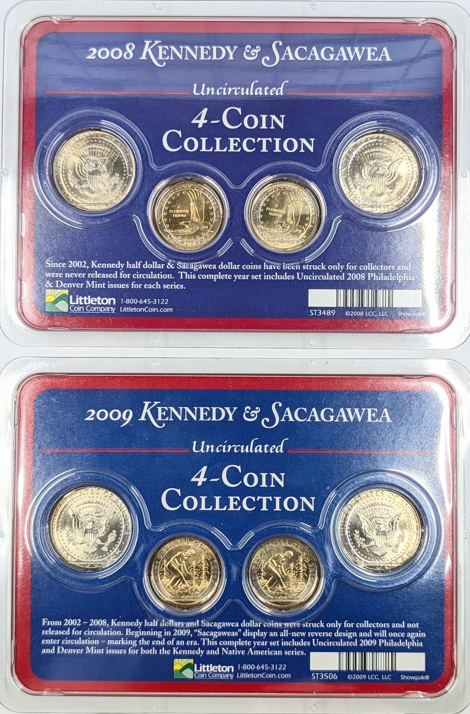 Lot of 2 - 2008 & 2009 Uncirculated JFK & Native American Special Collector's Edition - 2