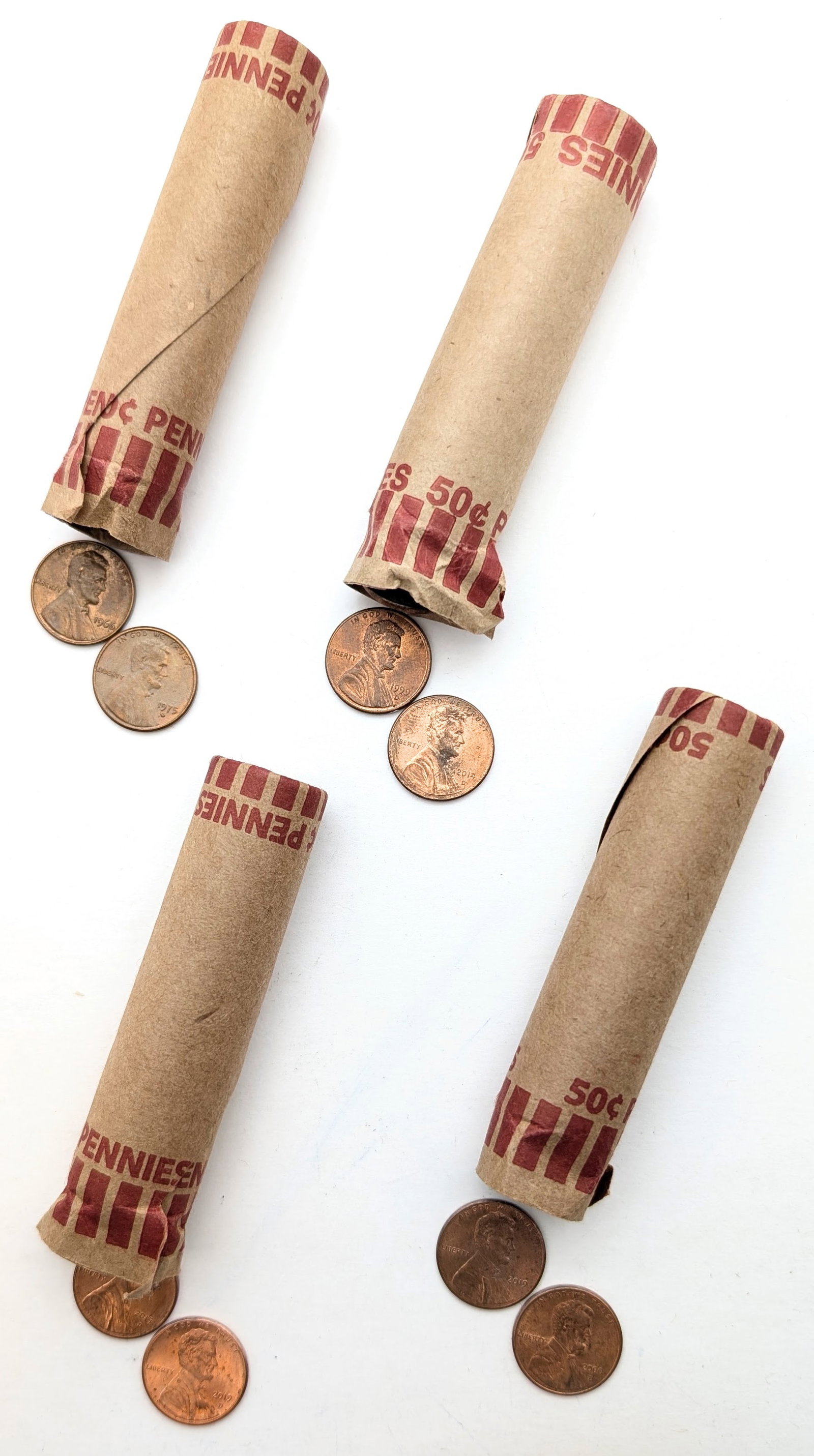 Lot of 4 Unsearched Rolls of 50 (each) Lincoln Cents & Shield Cents - Mixed dates 1960s-2010s: Coin