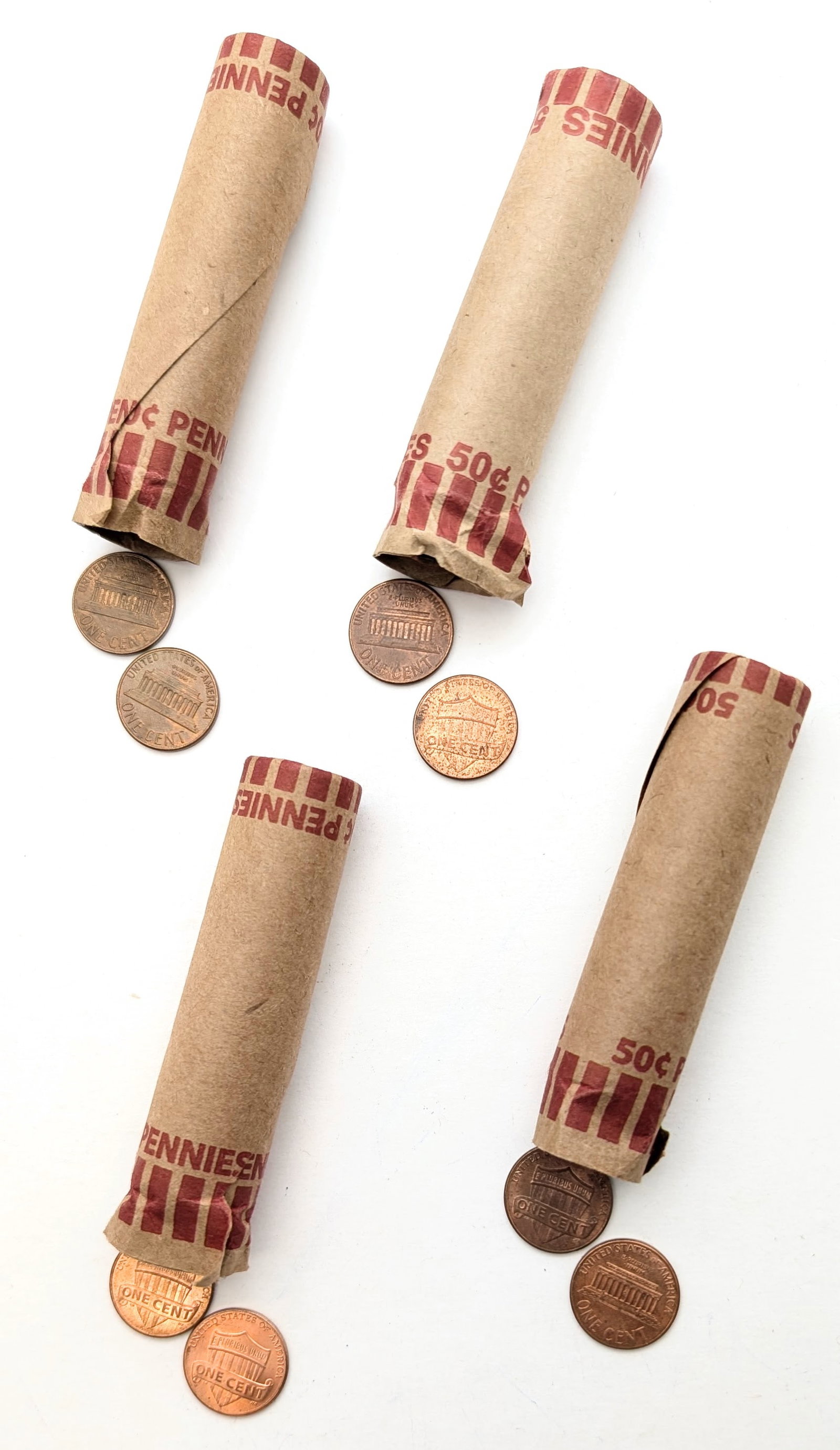 Lot of 4 Unsearched Rolls of 50 (each) Lincoln Cents & Shield Cents - Mixed dates 1960s-2010s - 2