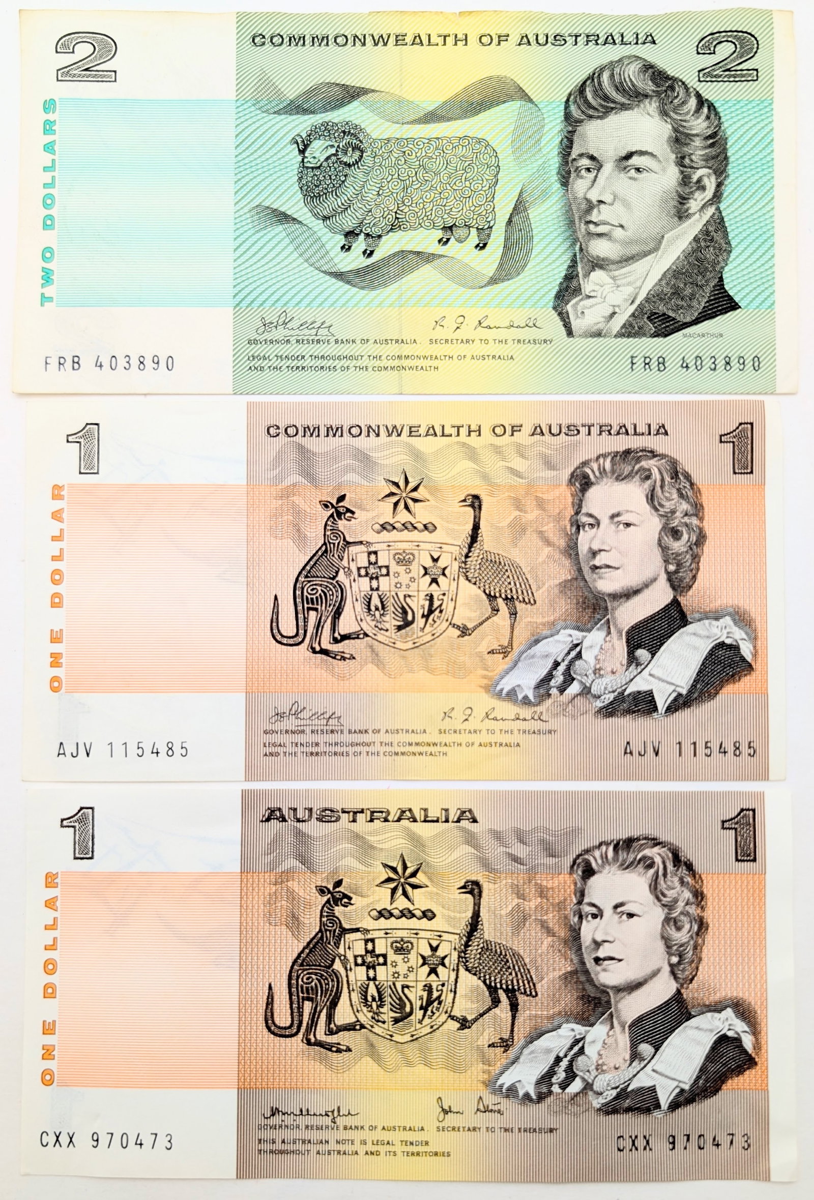 Lot of 3 Australian Notes - $1 & $2: Uncirculated