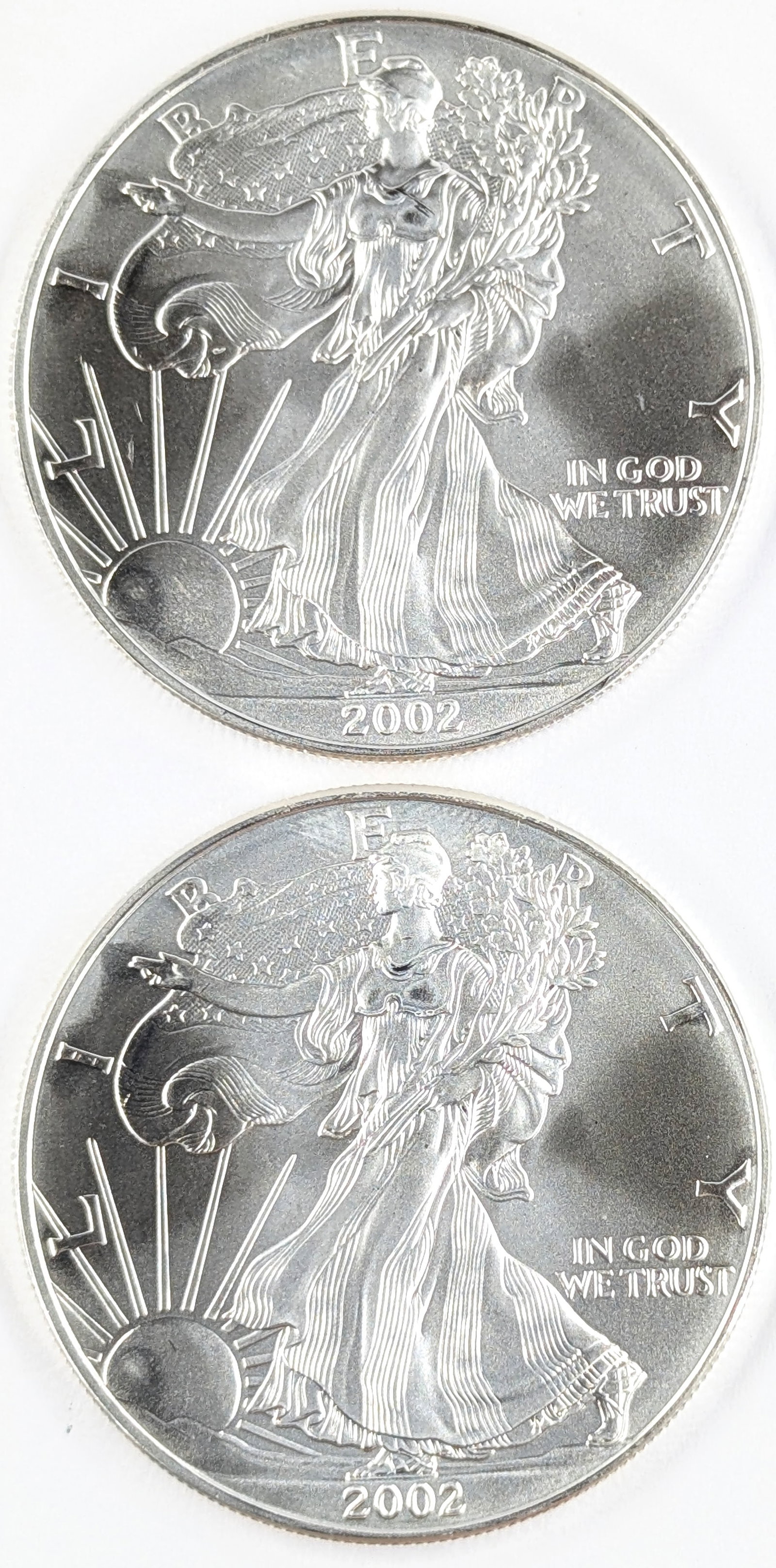 Lot of 2 American Silver Eagle Dollars- Both 2002: Silver
