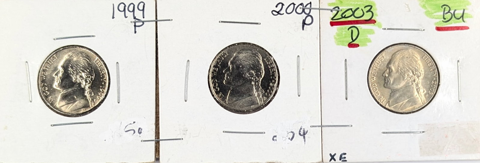 Lot of 3 Uncirculated Jefferson Nickels - 1999-P, 2000-P, 2003-D: Coin