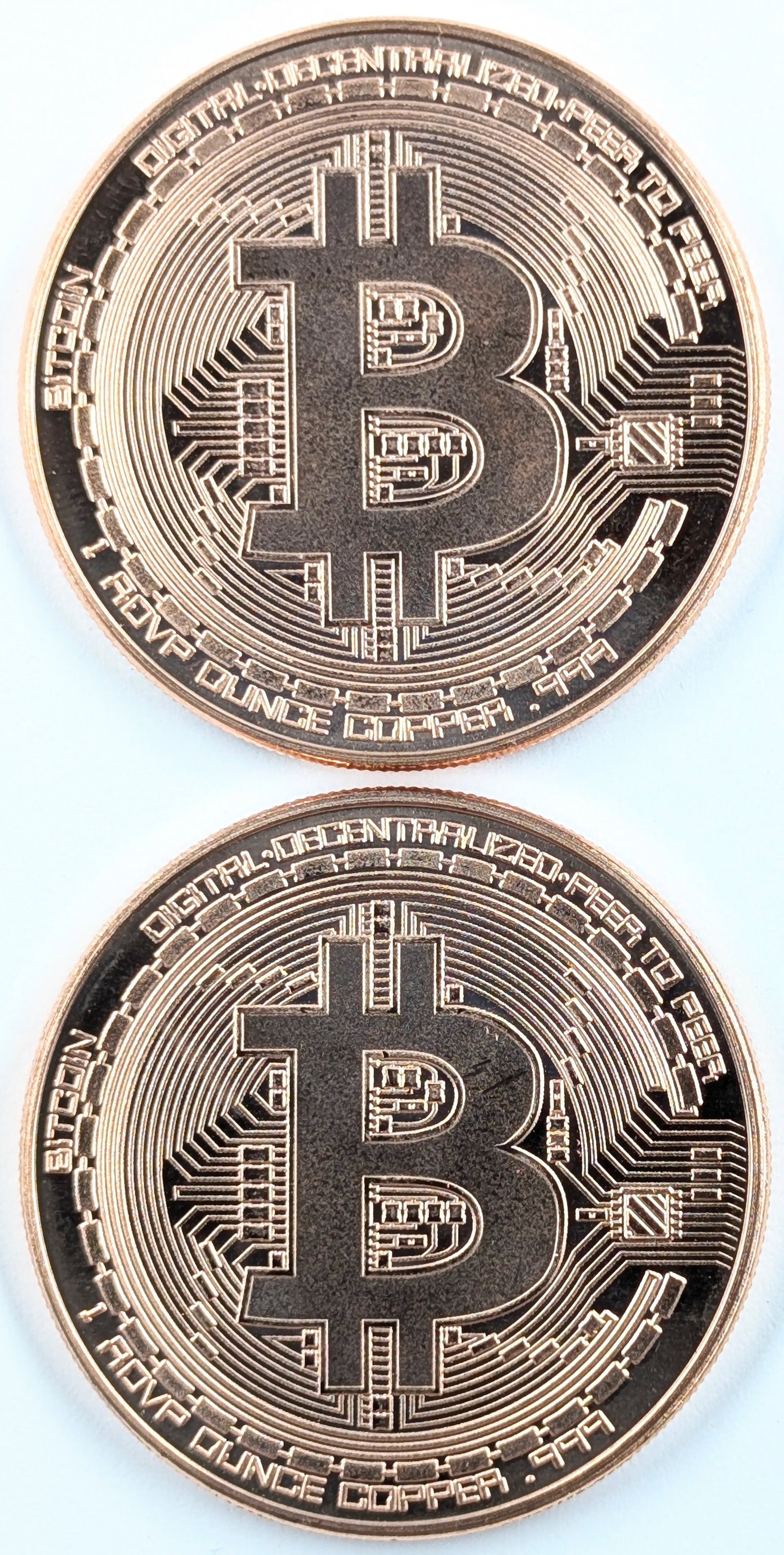 Lot of 2 - 1 Ounce (each) Fine .999 Copper Rounds - Bitcoin: Copper