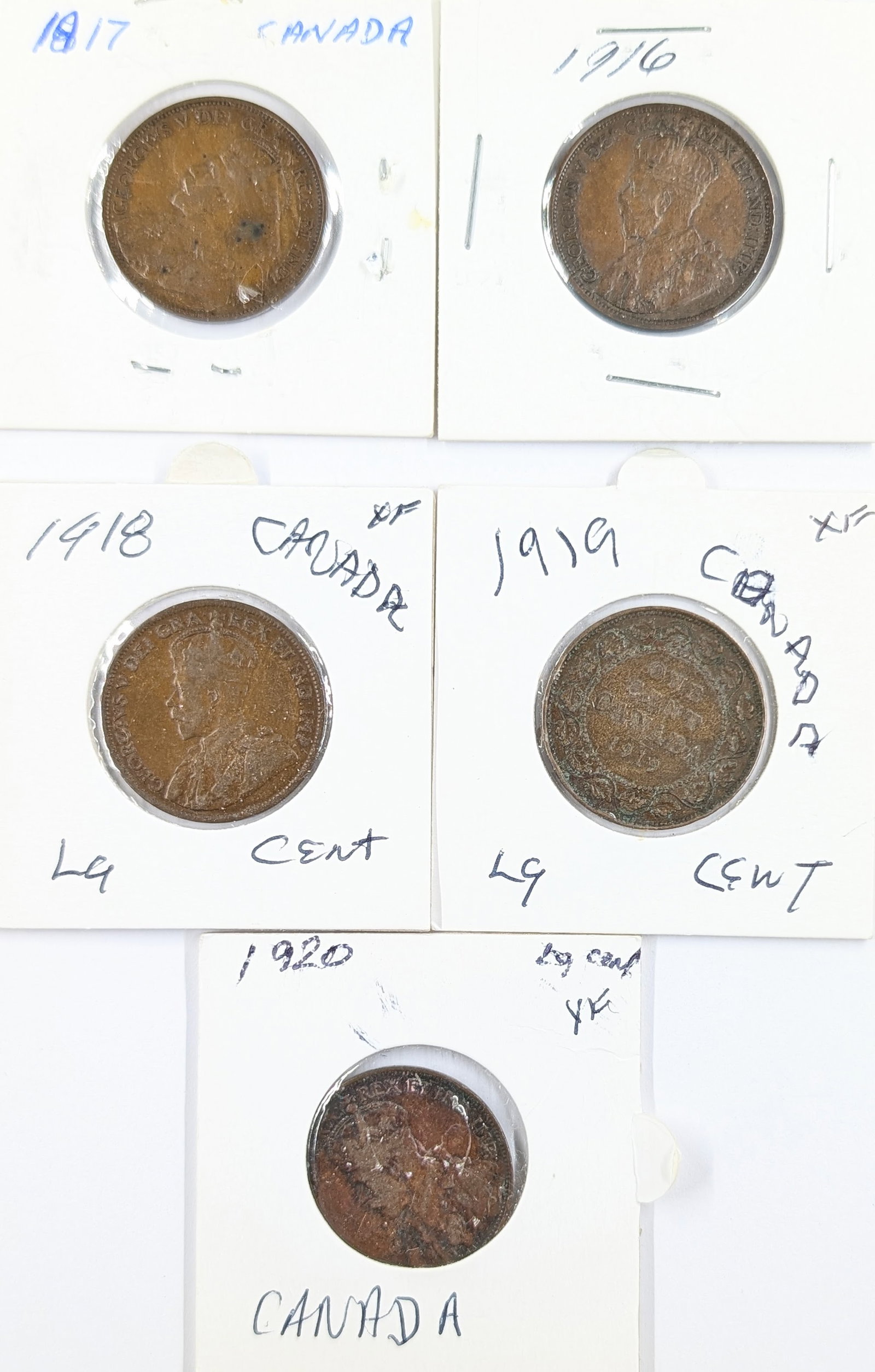 Lot of 5 Canadian Cents - 1916-1920: Coin