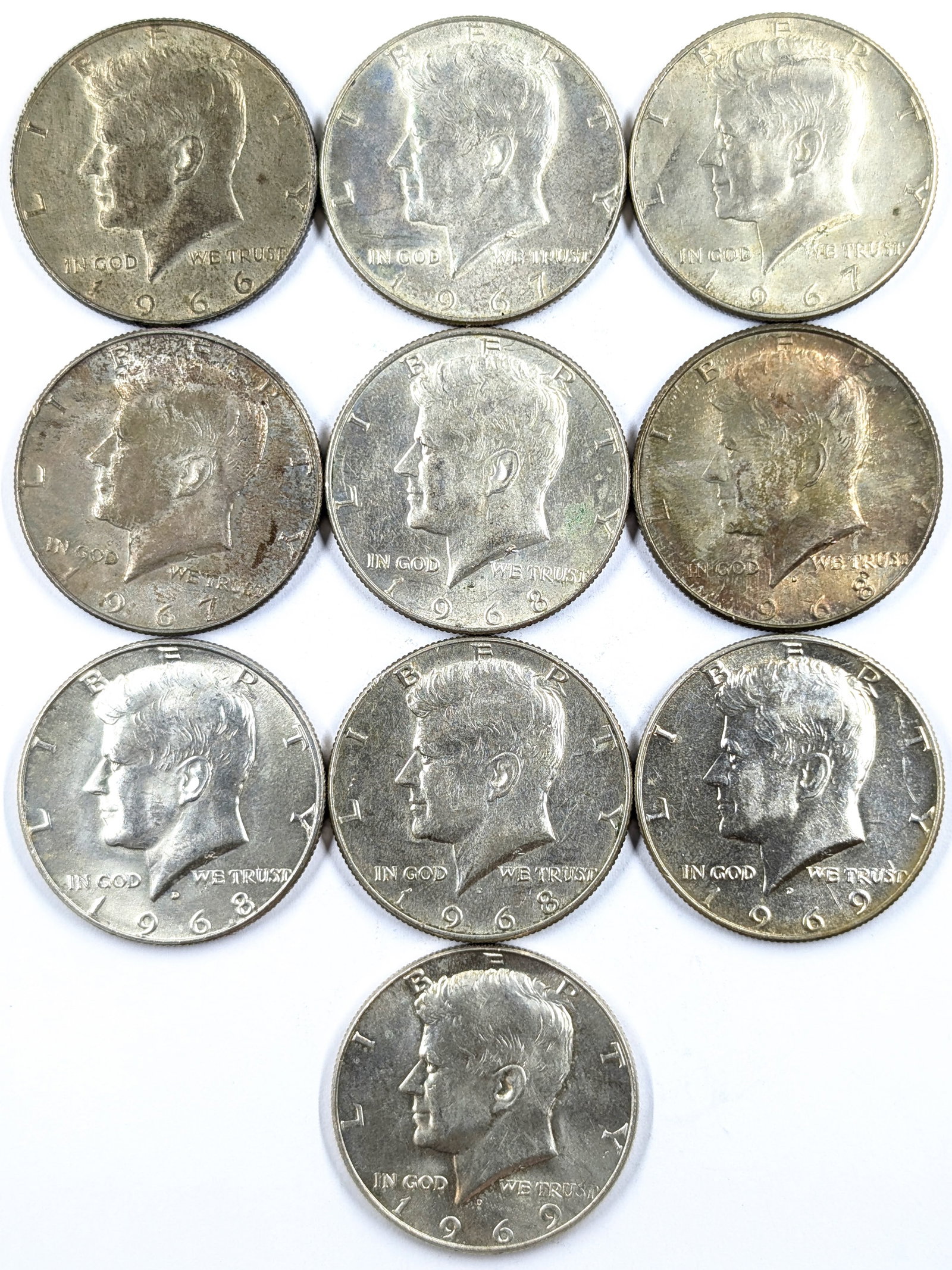 Lot of 10 Silver John F Kennedy Half Dollars - 1966-1969 - Some Uncirculated: 40% Silver