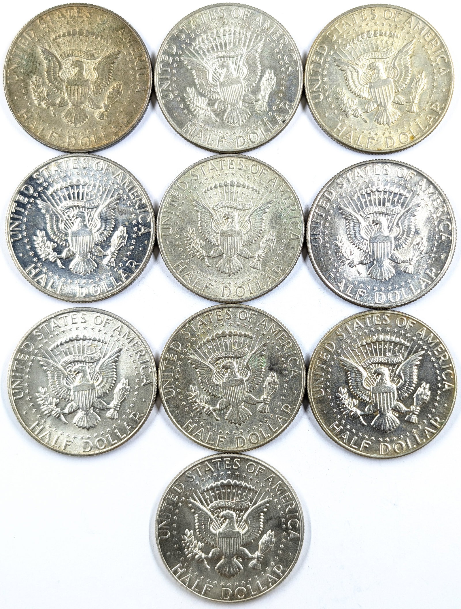 Lot of 10 Silver John F Kennedy Half Dollars - 1966-1969 - Some Uncirculated - 2