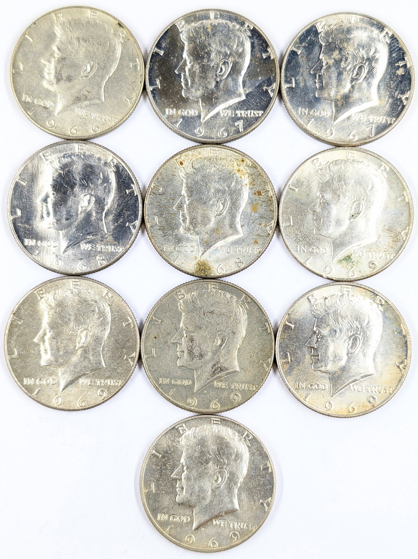 Lot of 10 Silver John F Kennedy Half Dollars - 1966-1969 - Some Toning: 40% Silver