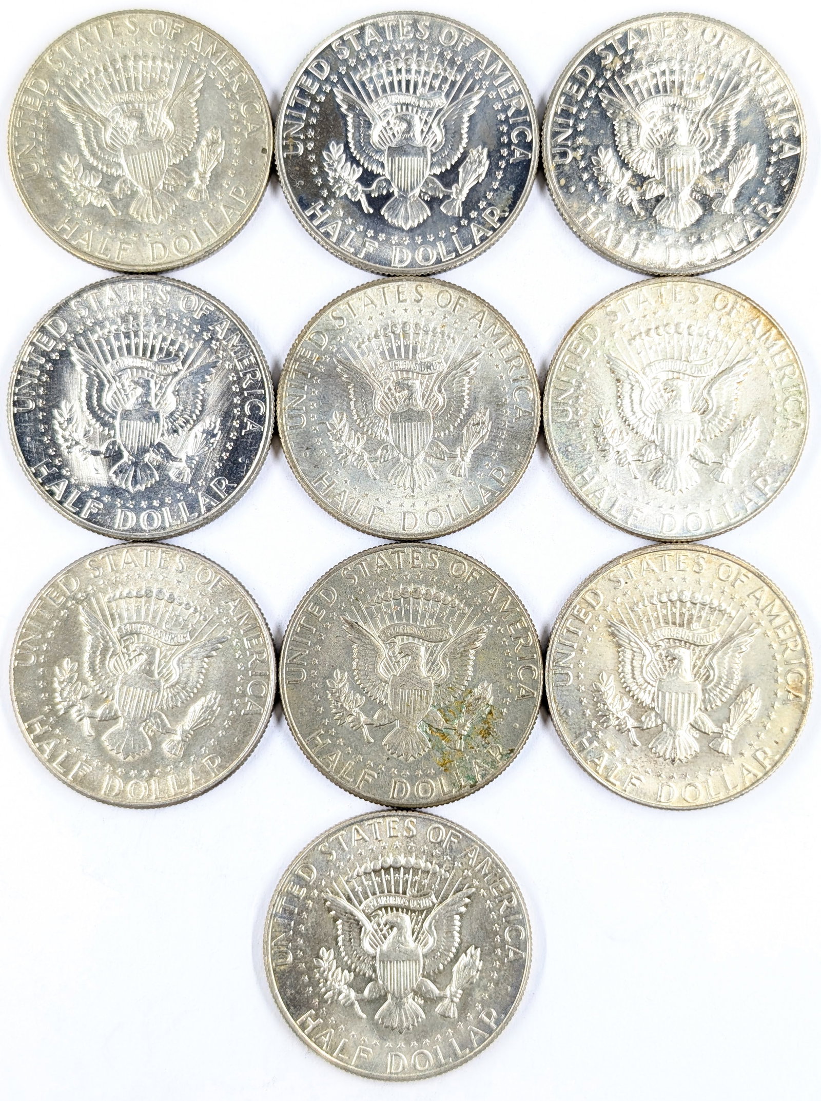 Lot of 10 Silver John F Kennedy Half Dollars - 1966-1969 - Some Toning - 2