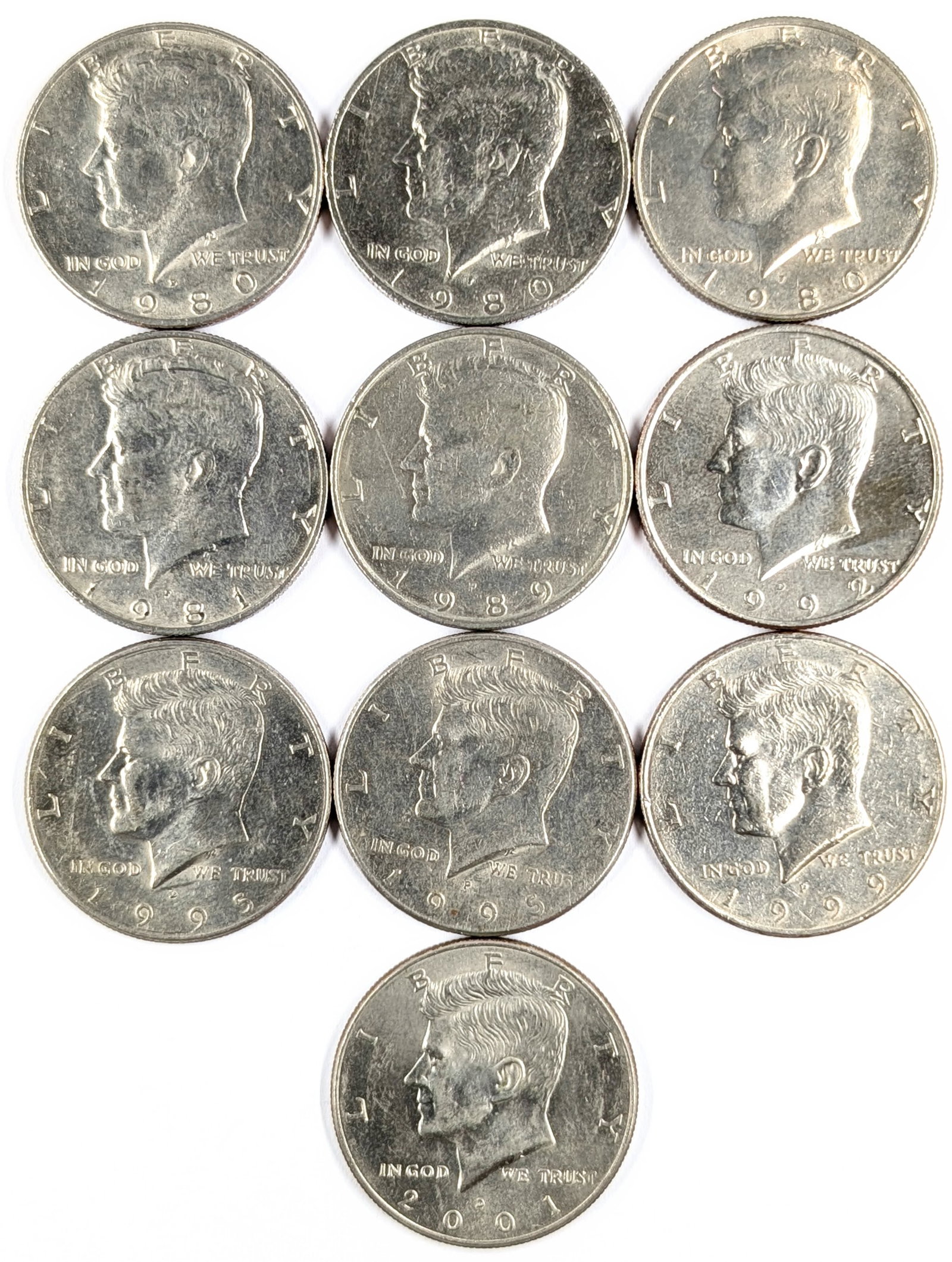 Lot of 10 John F Kennedy Half Dollars - 1980-2001 - Some Uncirculated: Coin