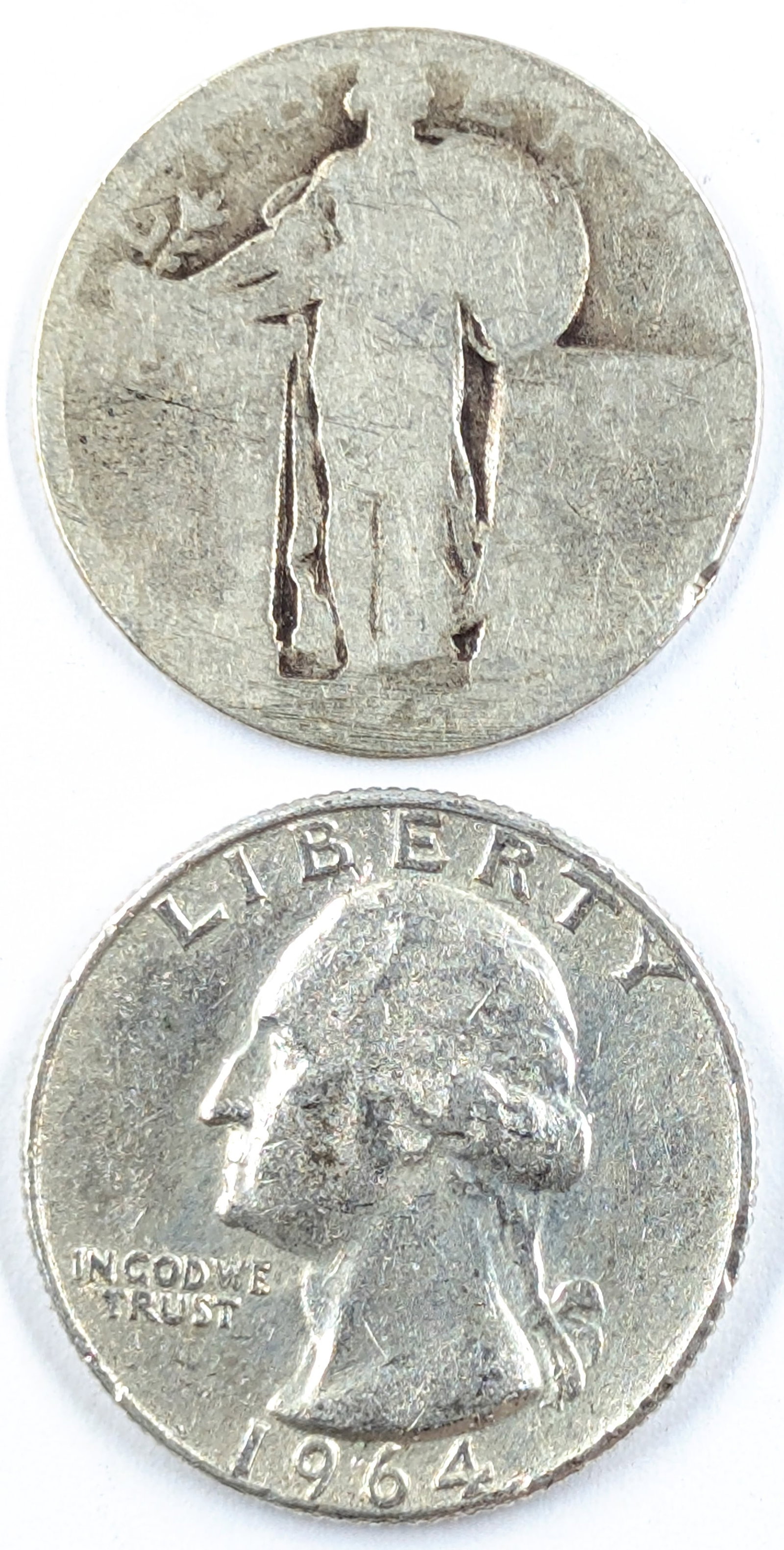 Lot of 2 Silver Quarters - Standing Liberty & 1964-D Washington: Standing Liberty has no date Silver