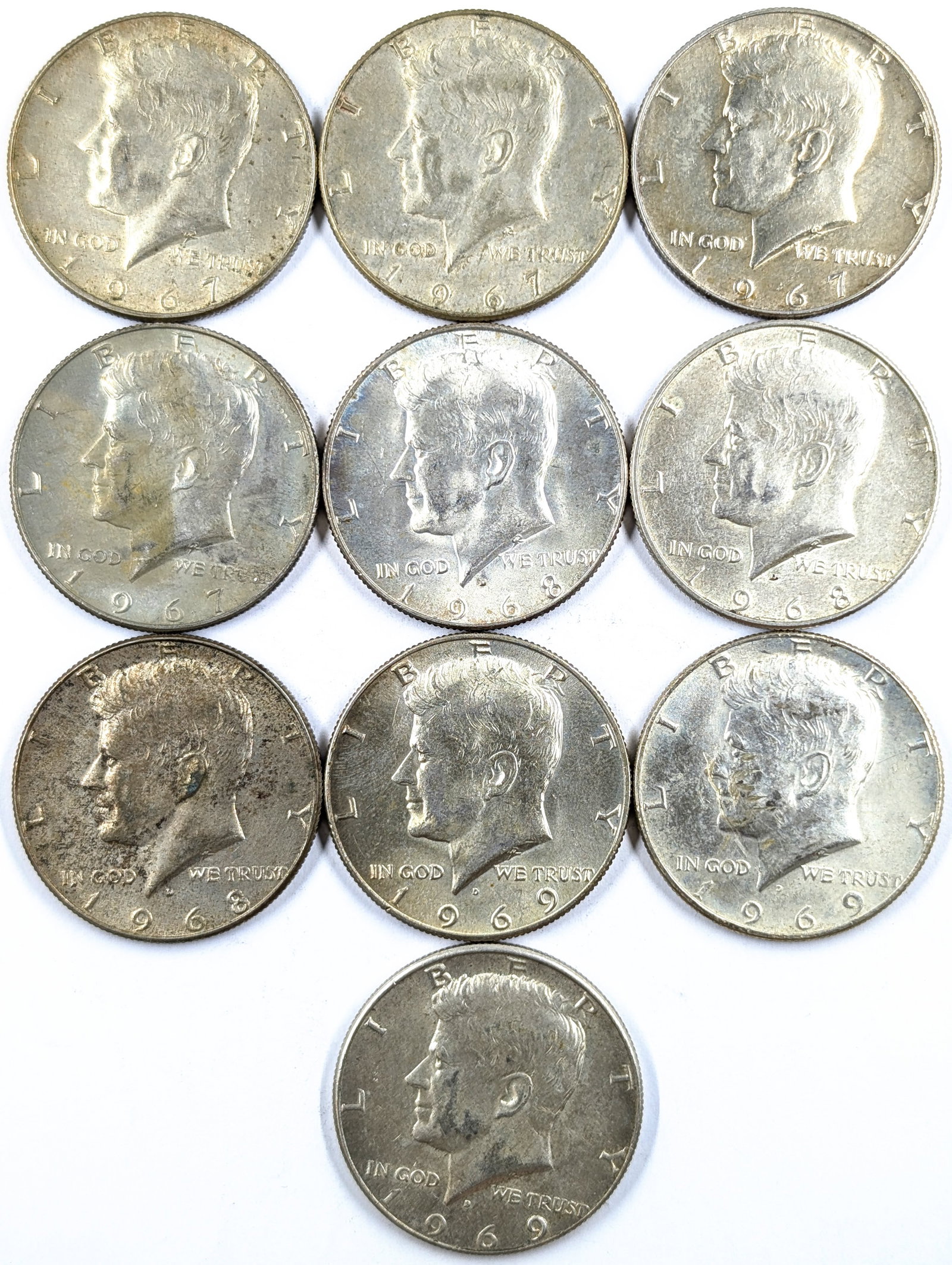 Lot of 10 Silver John F Kennedy Half Dollars - 1967-1969: 40% Silver