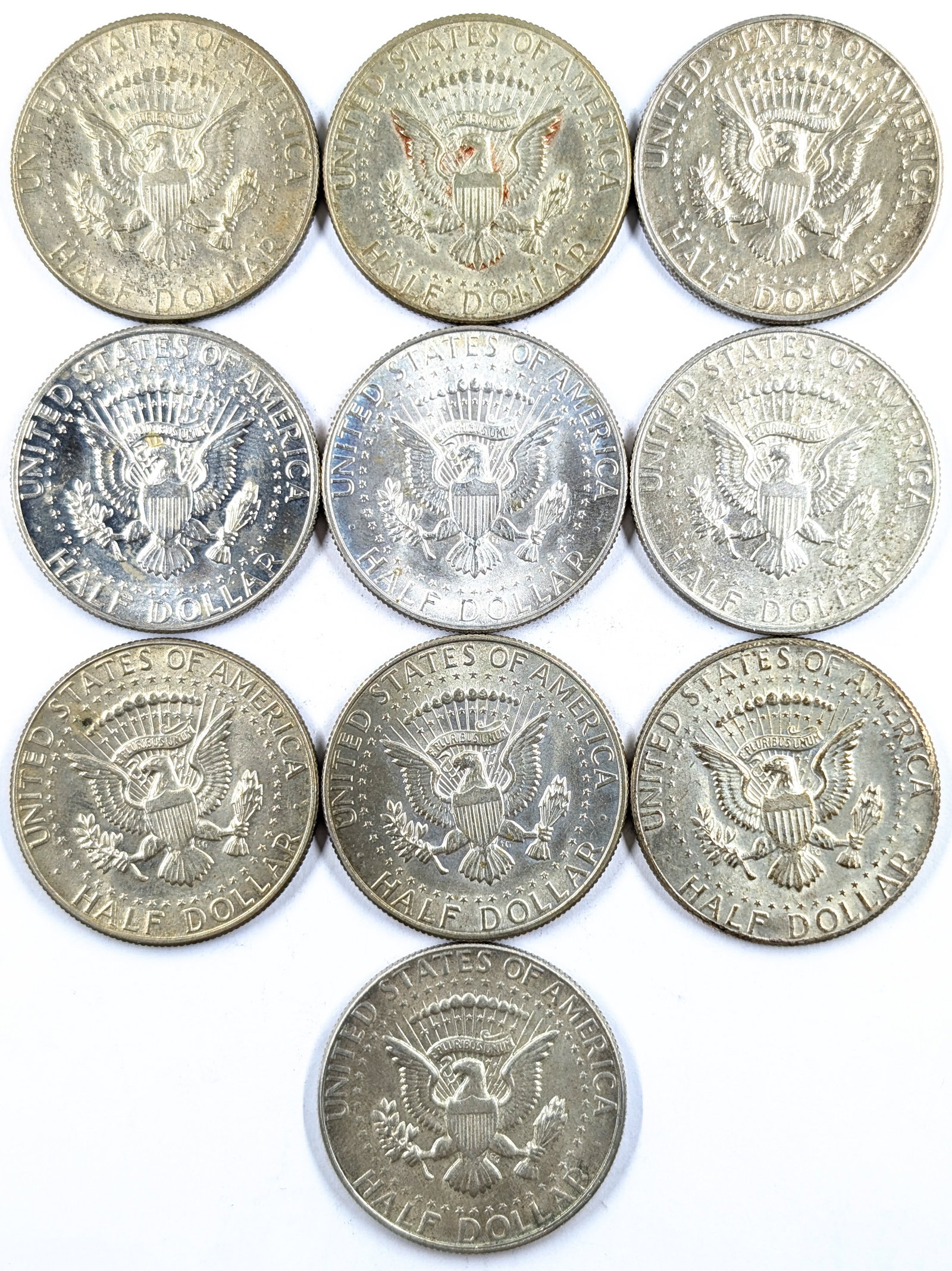 Lot of 10 Silver John F Kennedy Half Dollars - 1967-1969 - 2