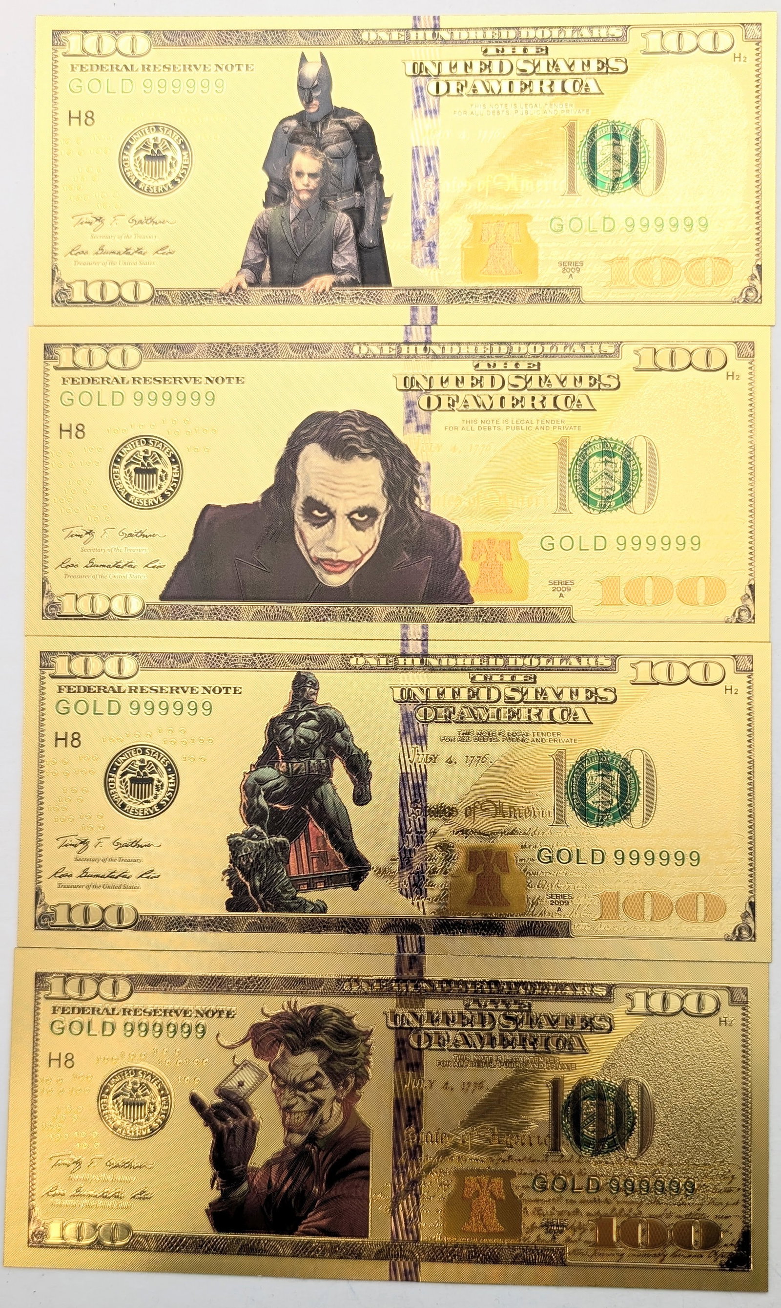 Lot of 4 Batman & Joker Gold foil $100 design: Goldfoil