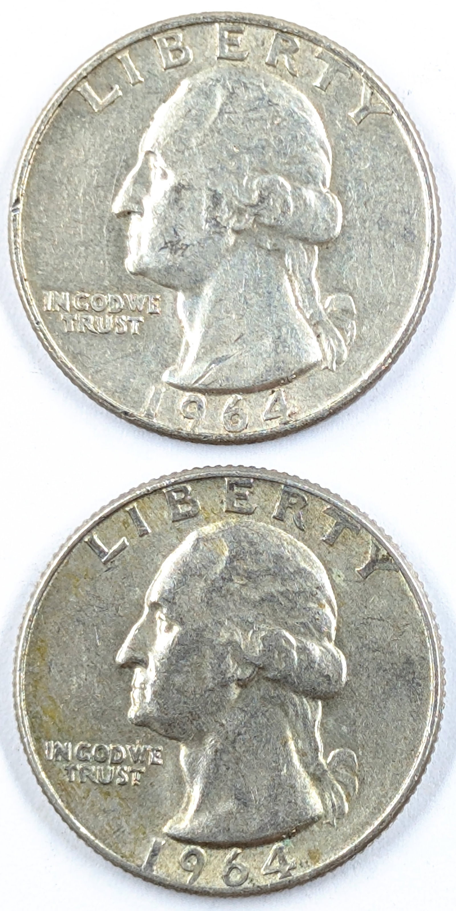 Lot of 2 Silver Washington Quarters - Both 1964-D: Silver