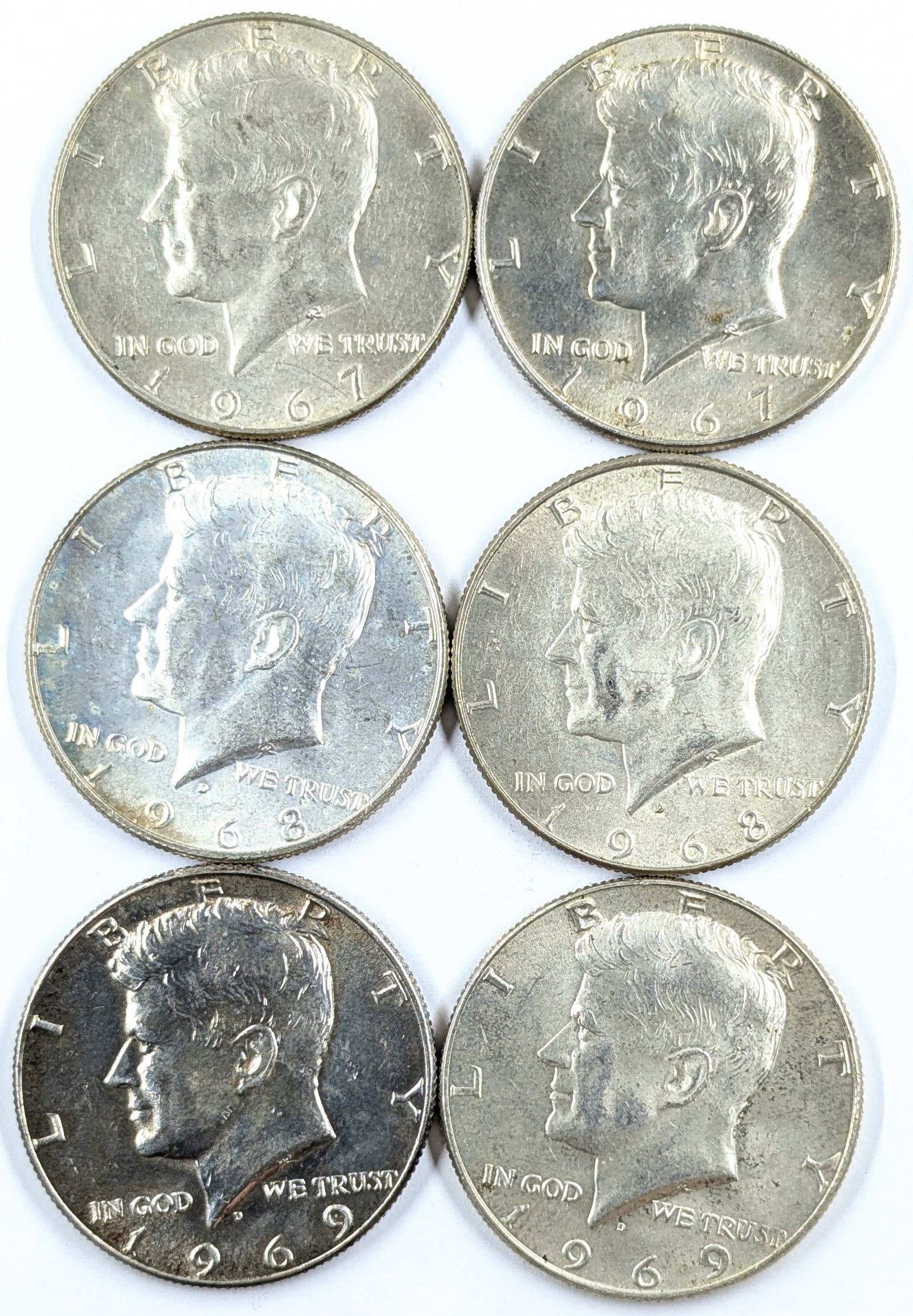 Lot of 6 Silver John F Kennedy Half Dollars - 1967-1969: 40% Silver