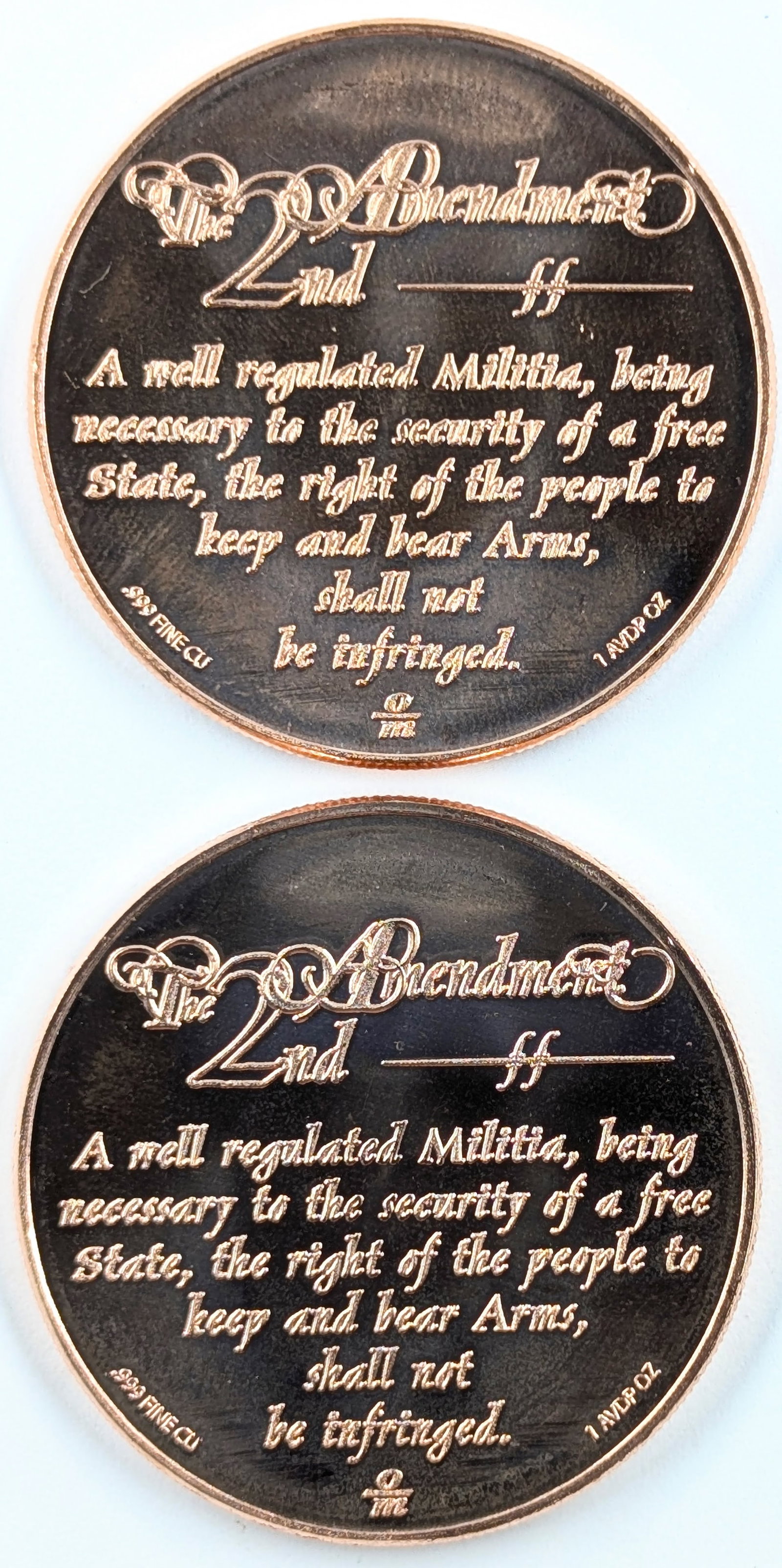 Lot of 2 - 1 Ounce (each) Fine .999 Copper Rounds - 2nd Amendment - 2