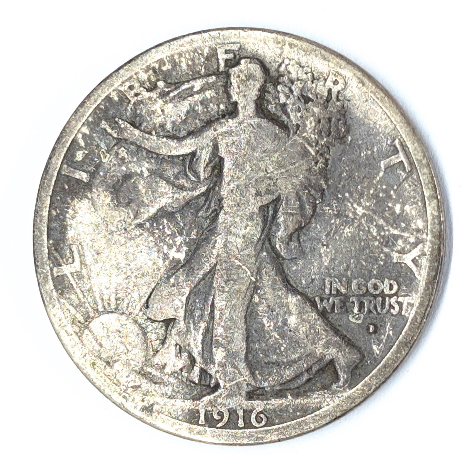 FEATURE 1916-D Silver Walking Liberty Half Dollar - Obverse Mint - Semi-key Date: FEATURE First year of issue