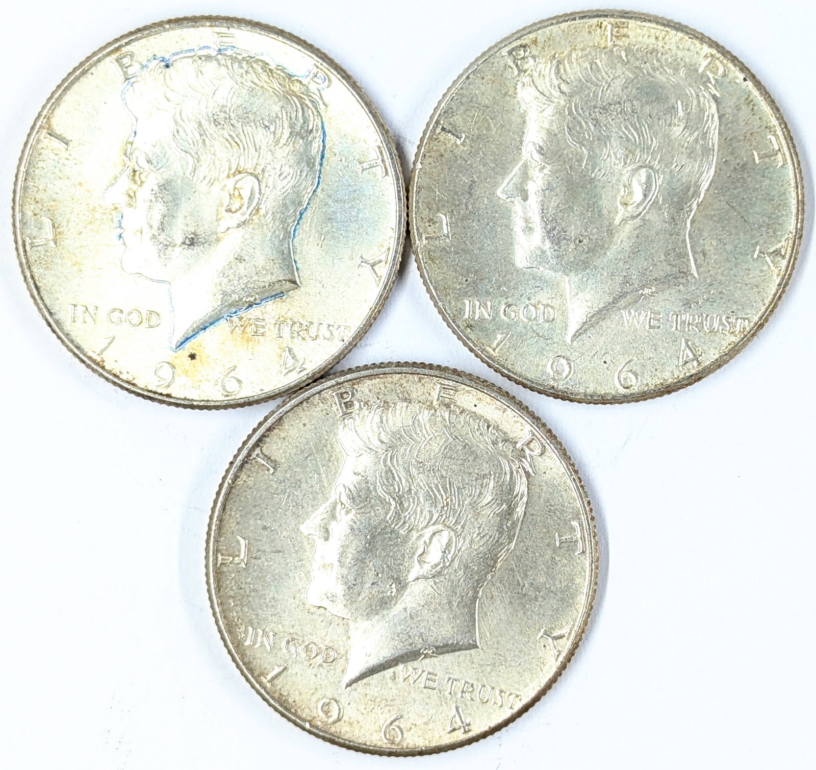 Lot of 3 Silver 1964 John F Kennedy Half Dollars: Silver