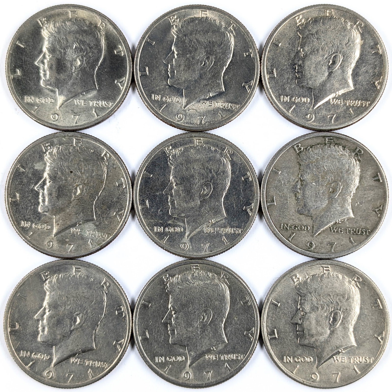 Lot of 9 John F Kennedy Half Dollars - All 1971 - Some Uncirculated (1 of 2)