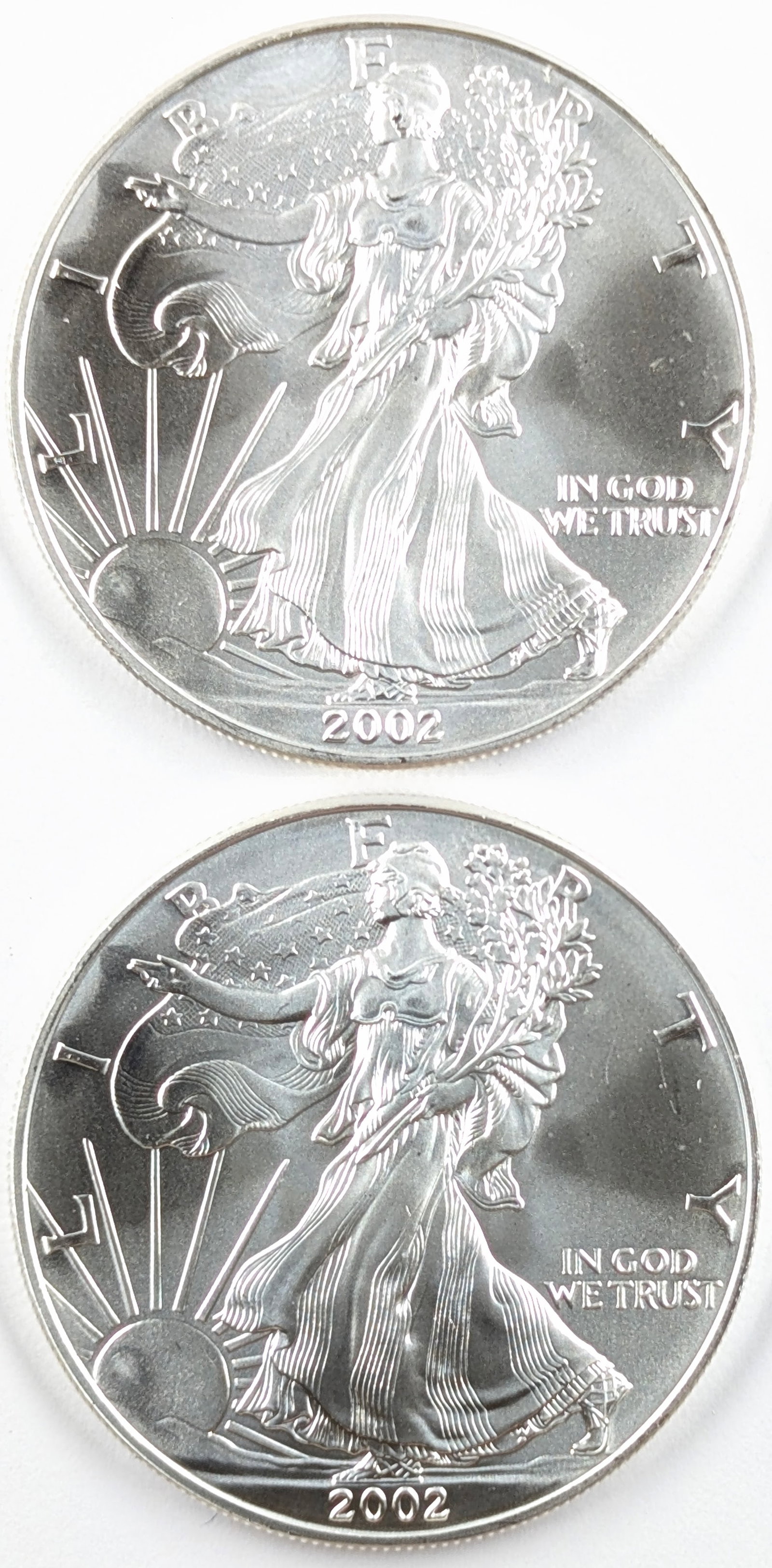 Lot of 2 - 2002 American Silver Eagle Dollars: Silver