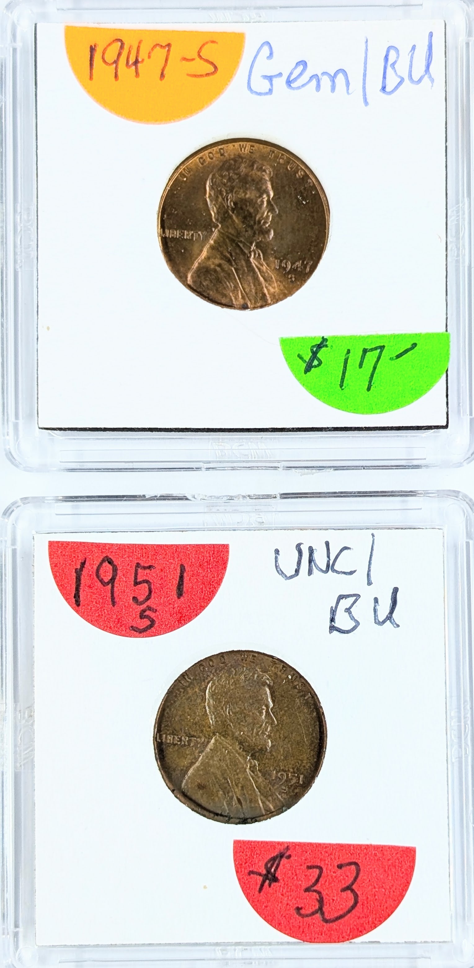 Lot of 2 Wheat Cents - Uncirculated 1947-S, 1951-S: Coin
