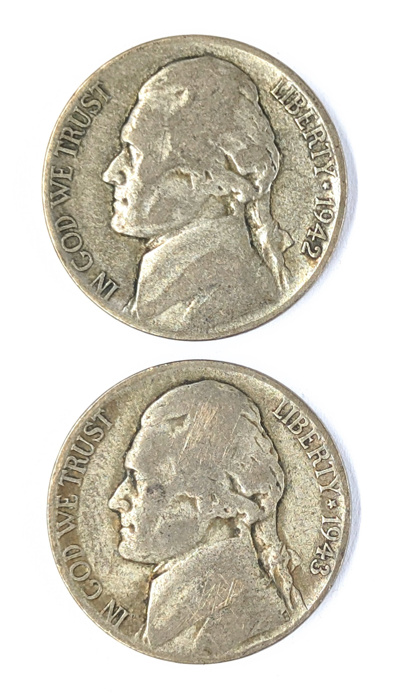 Lot of 2 Silver War Nickels - 1942-P, 1943-P (1 of 2)