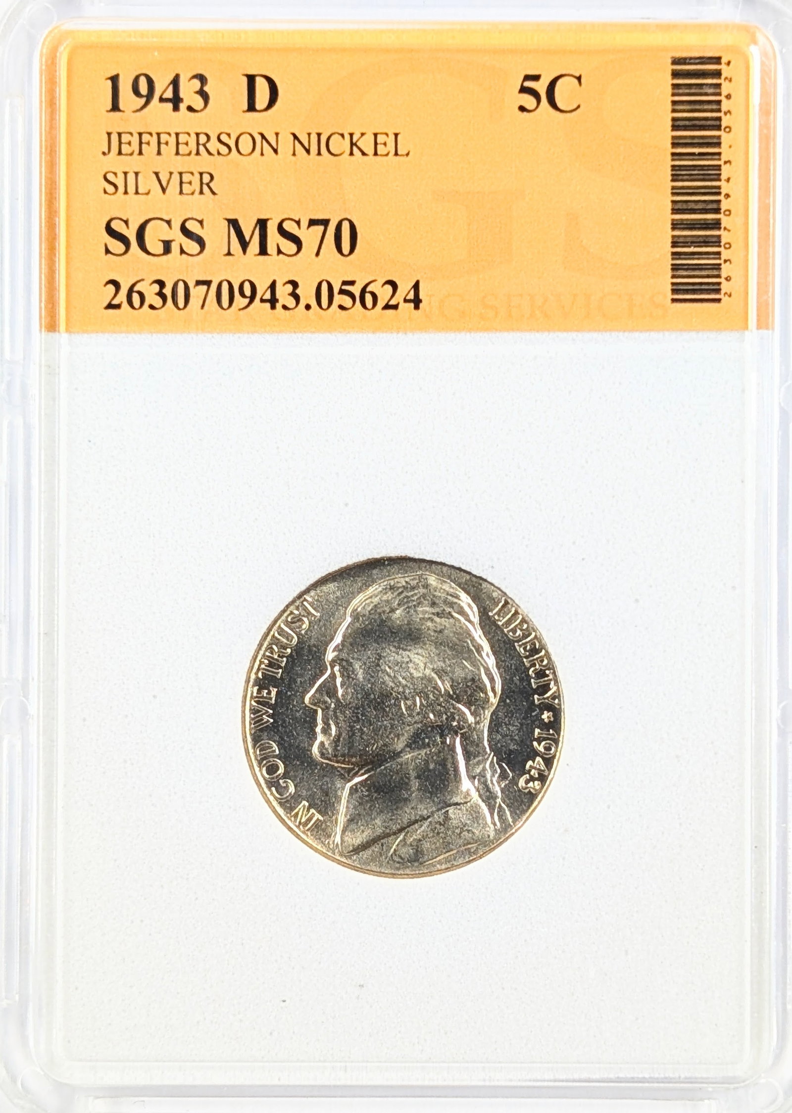 SGS 1943-D MS70 Silver Jefferson Nickel: Silver