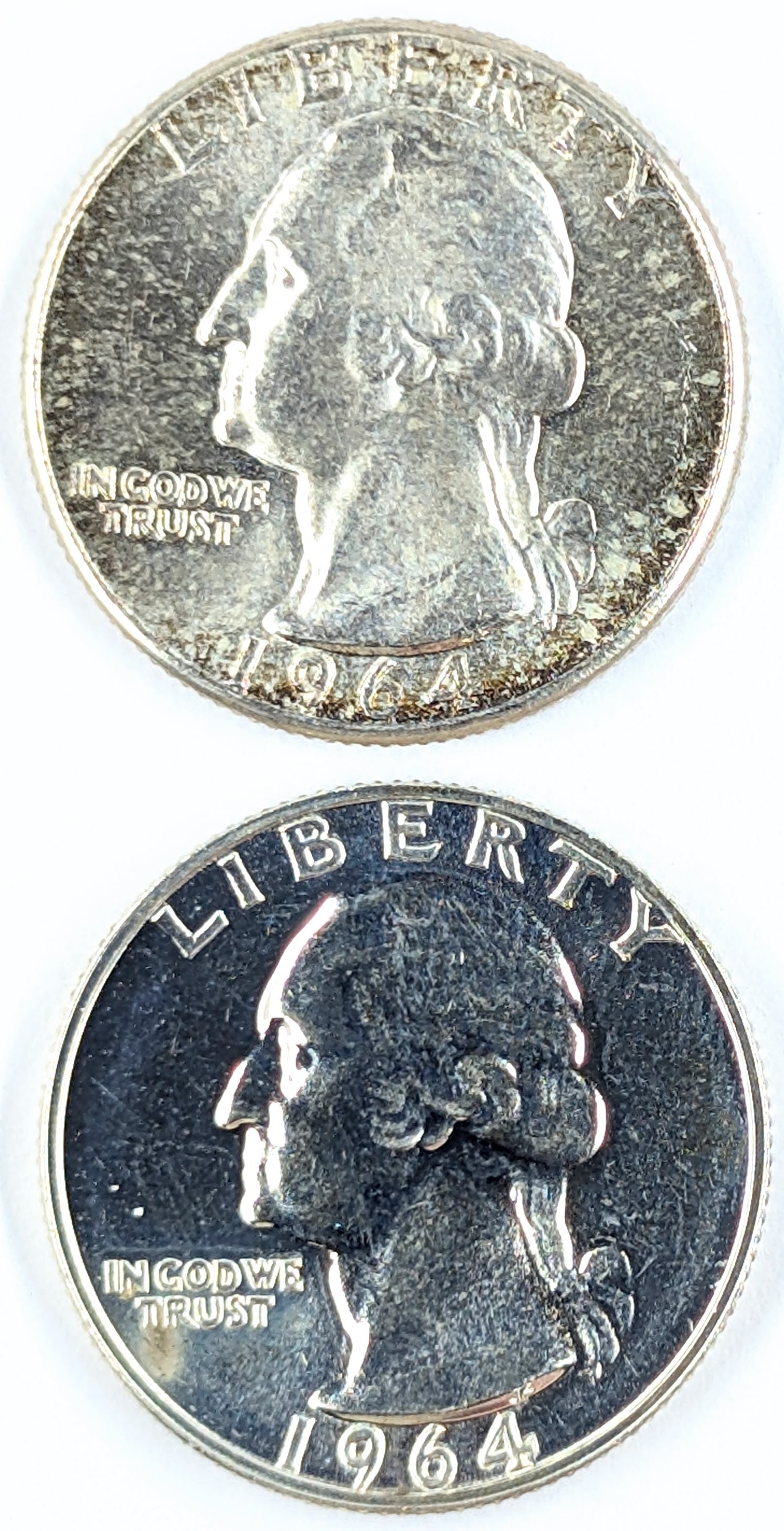 Lot of 2 Silver Washington Quarters - 1964 - Uncirculated or Proof: Silver