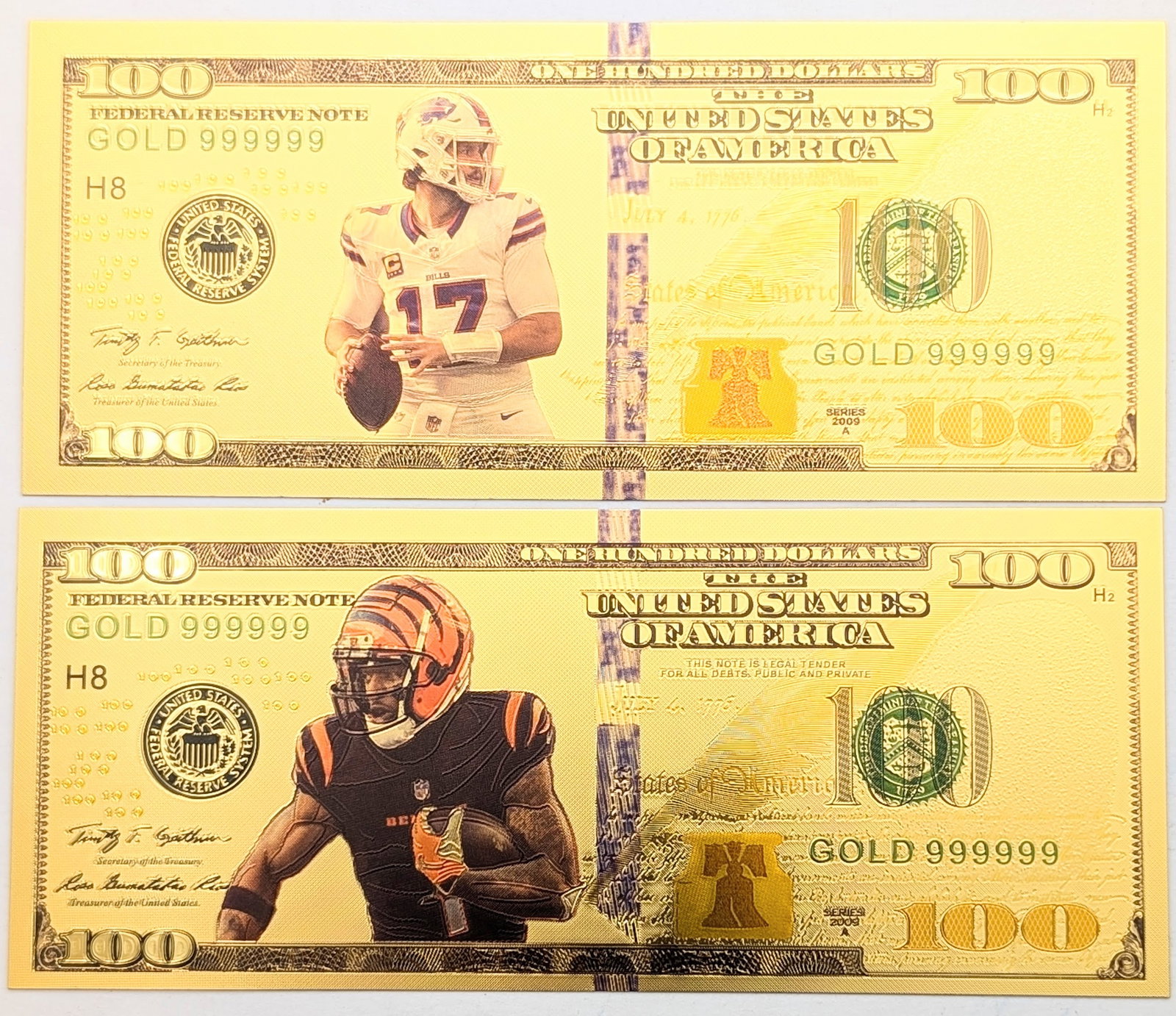 Lot of 2 Football Bengals & Bills Gold foil $100 design: Goldfoil