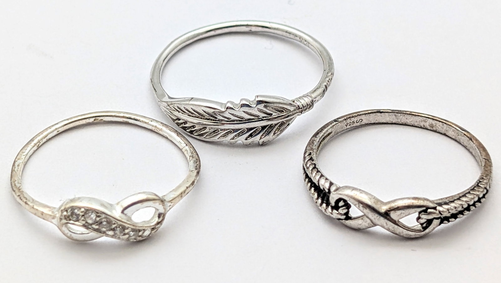 Lot of 3 Sterling Silver Ladies Rings - Infinity & Feather: Jewelry