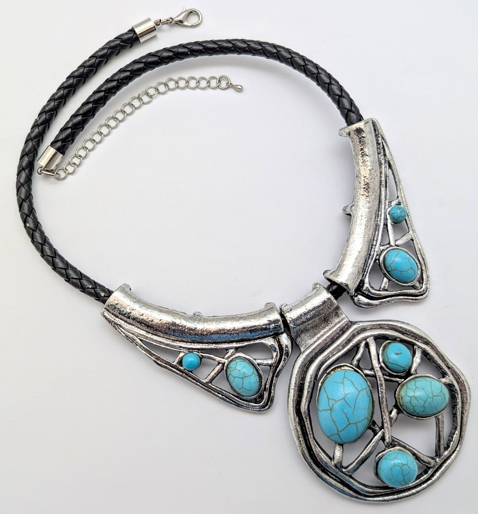 Silver-tone & Turquoise-colored Cabochons Ladies Statement Necklace - 2