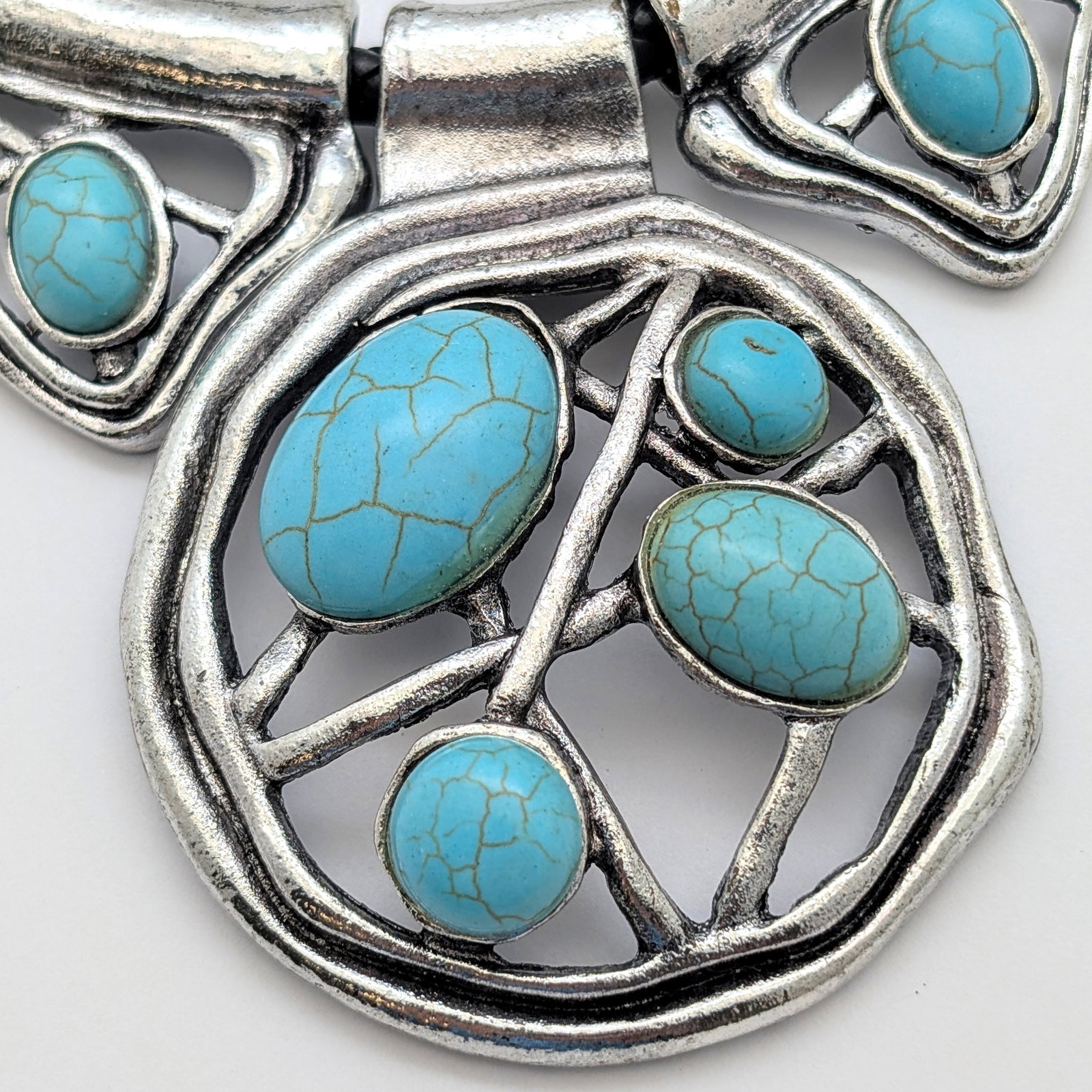 Silver-tone & Turquoise-colored Cabochons Ladies Statement Necklace - 3