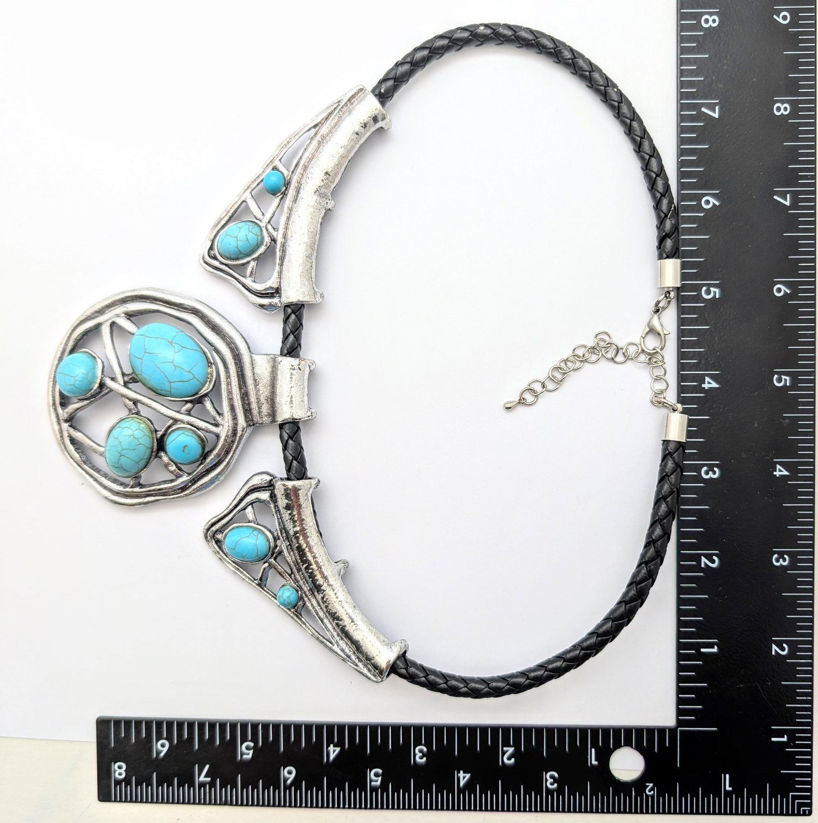 Silver-tone & Turquoise-colored Cabochons Ladies Statement Necklace - 5